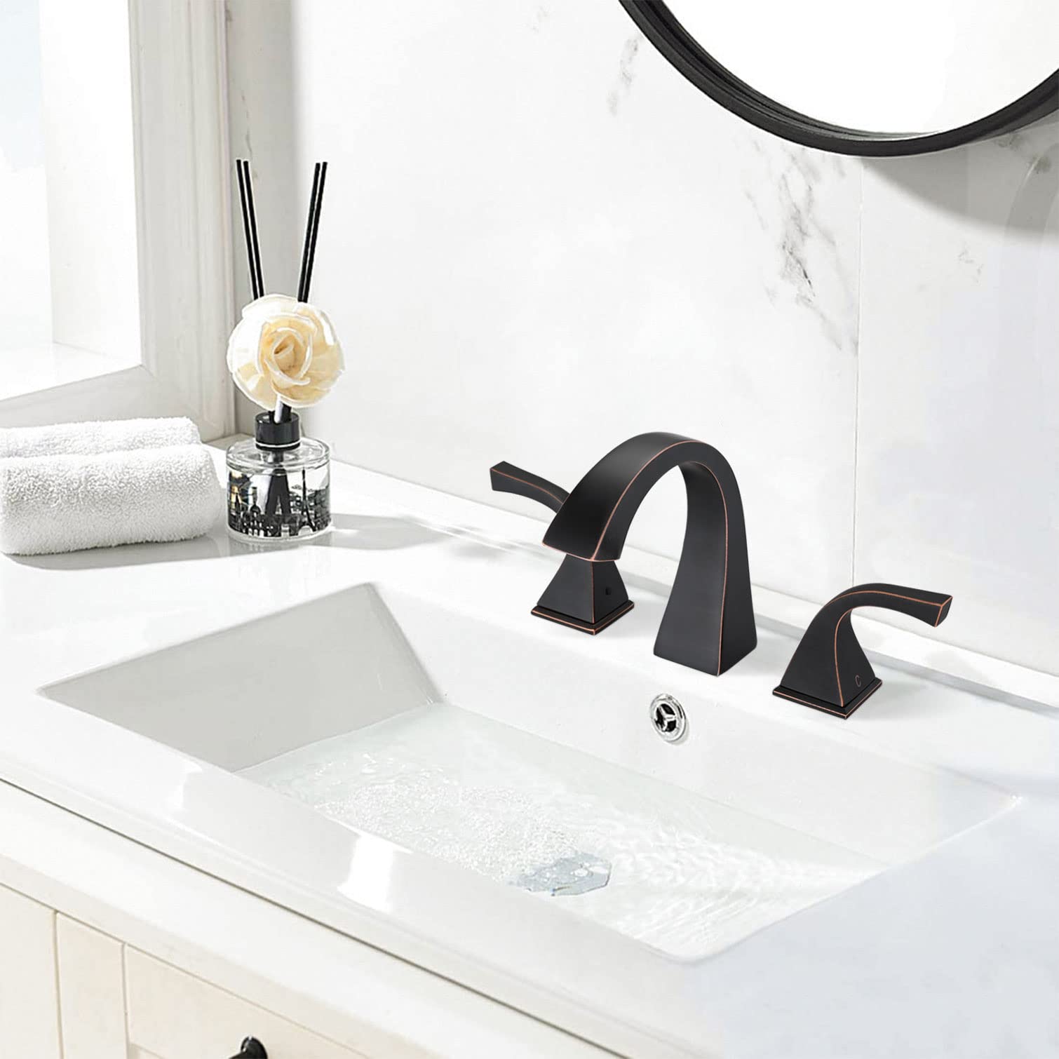 Oil Rubbed Bronze Widespread Bathroom Faucet - 2 Handle 8 Inch Brass Bathroom Sink Faucet for 3 Hole Lavatory with Pop Up Drain & Supply Lines - Perfect for Modern Bathroom Vanities & Powder Rooms