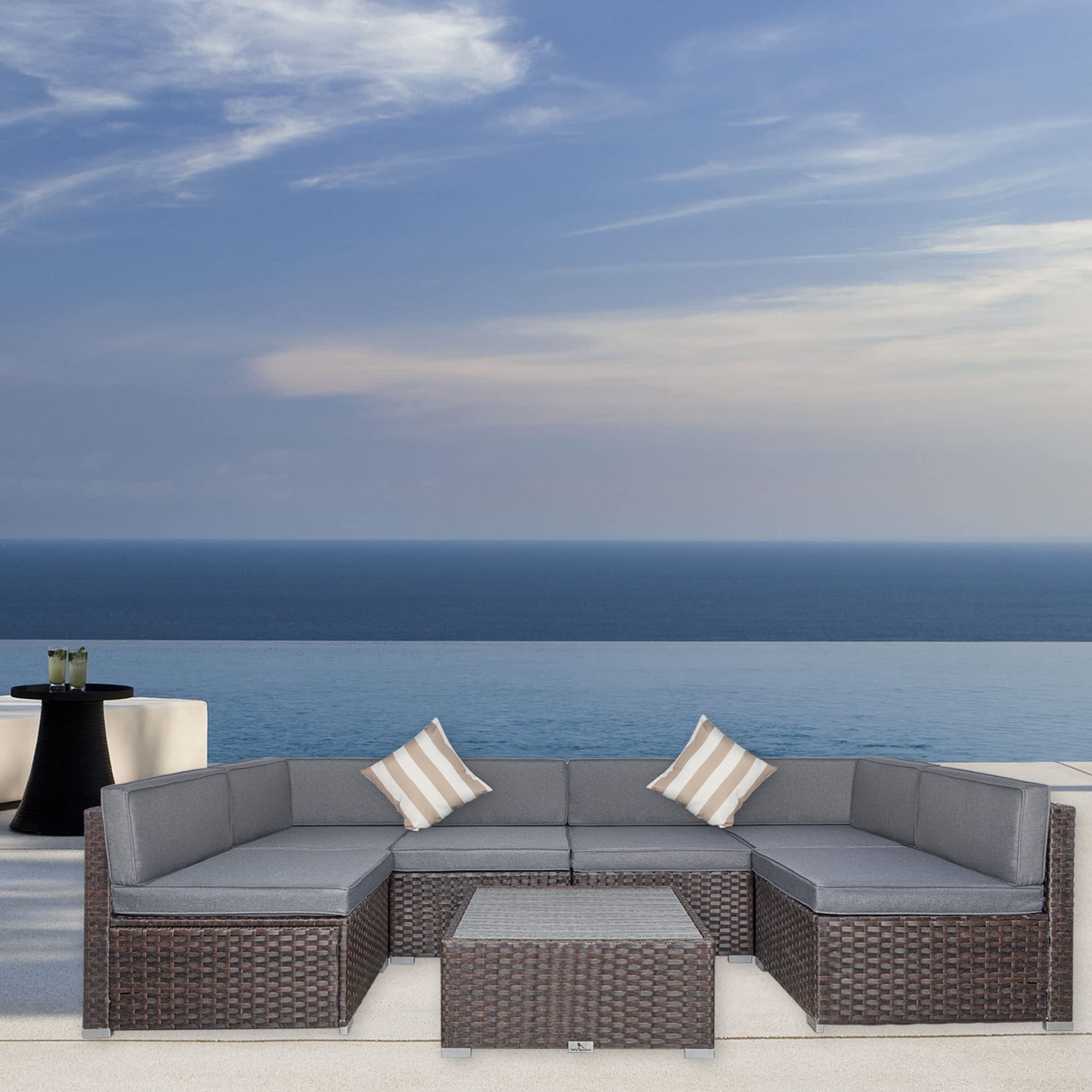 7-Piece Outdoor Patio Furniture Set with Cushions - PE Rattan Wicker Sectional Sofa & Coffee Table - Waterproof & Durable for Garden, Deck, Poolside (Gray) | Perfect for Backyard Relaxation, Outdoor Entertaining & Lounging