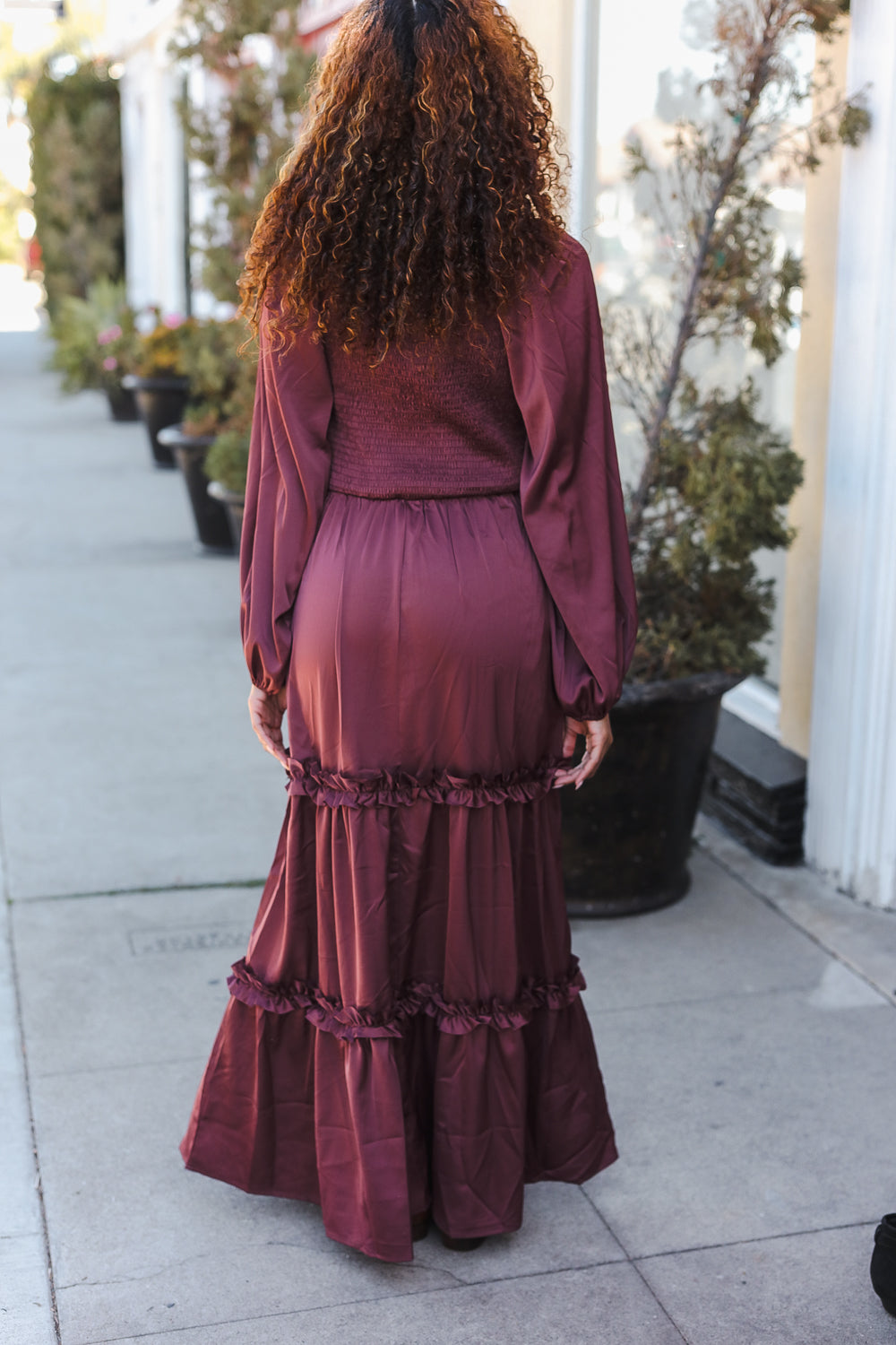 Holiday Vibes Wine Satin Front Overlap Smocked Back Maxi Dress for Women - Elegant Party Gown for Christmas, New Year & Special Occasions
