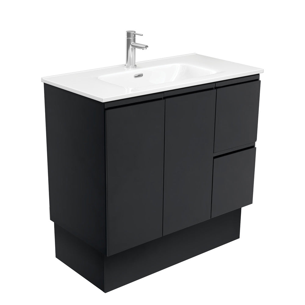 Fienza JOL90ZBKR 900mm Joli Fingerpull Vanity with Kickboard - Right Drawers in Satin Black Finish | Modern Bathroom Vanity for Small Spaces & Contemporary Home Decor