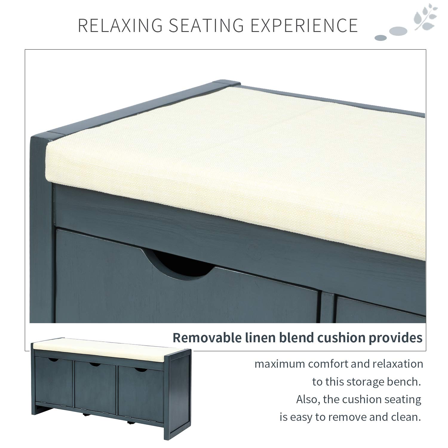 Storage Bench with Removable Cushion & 3 Flip-Up Compartments - Entryway Organizer for Shoes & Accessories | Hallway Seating Solution | Antique Navy Home Decor