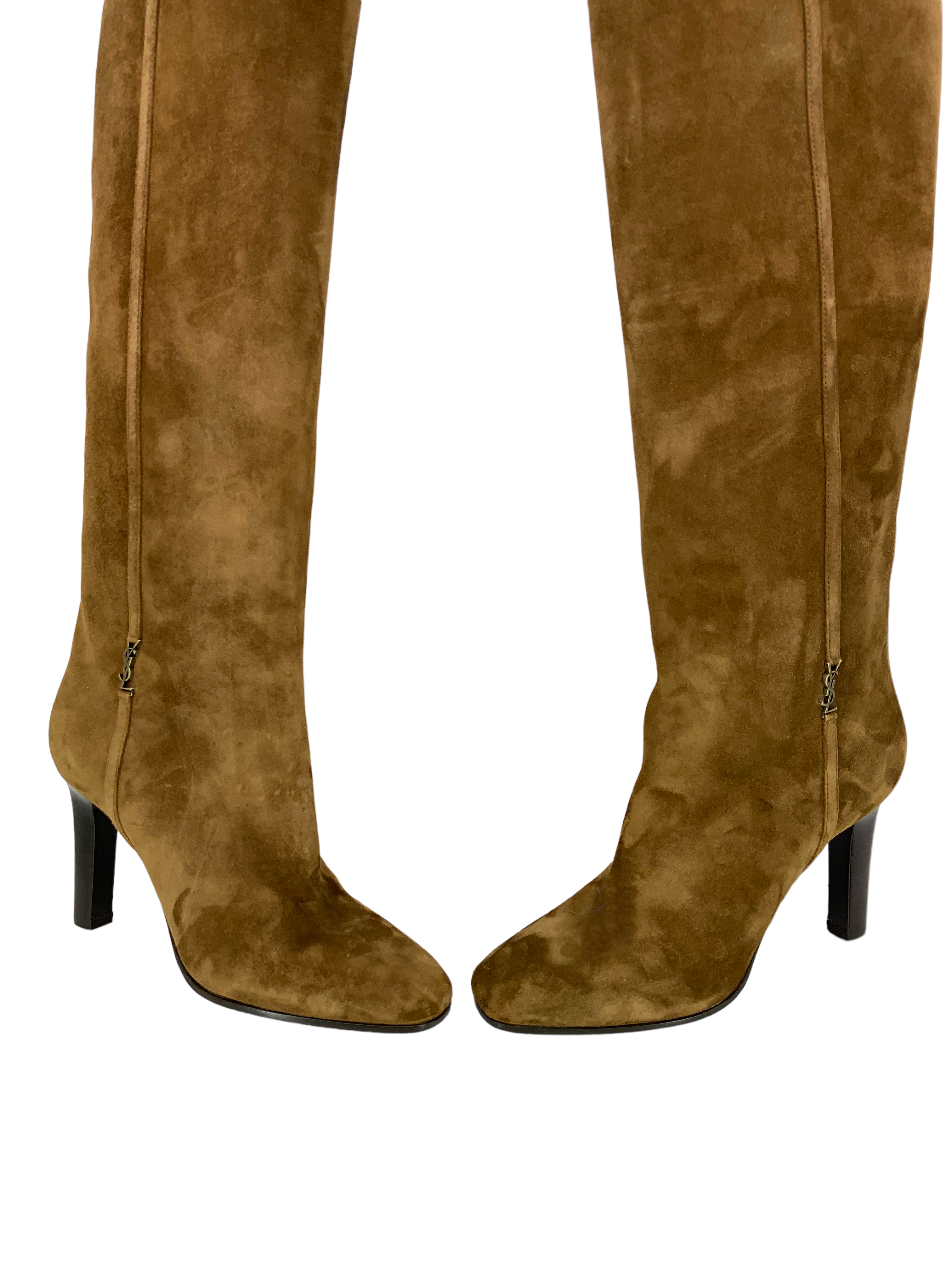 SAINT LAURENT Jane 90 Suede Knee High Boots Women's Size 7.5 - Brand New Luxury Boots for Fall Winter Fashion, Date Night & Office Wear