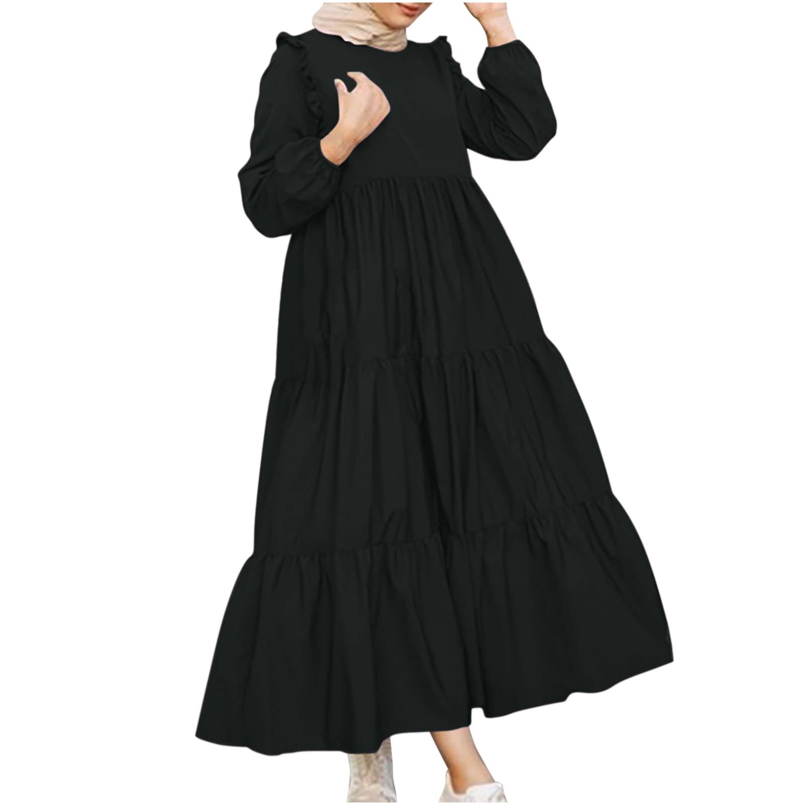 Elegant Islamic Muslim Abaya Maxi Dress for Women - Plus Size Long Sleeve Tiered Round Neck Medieval Renaissance Dress - Perfect for Prayer, Eid, Wedding & Special Occasions
