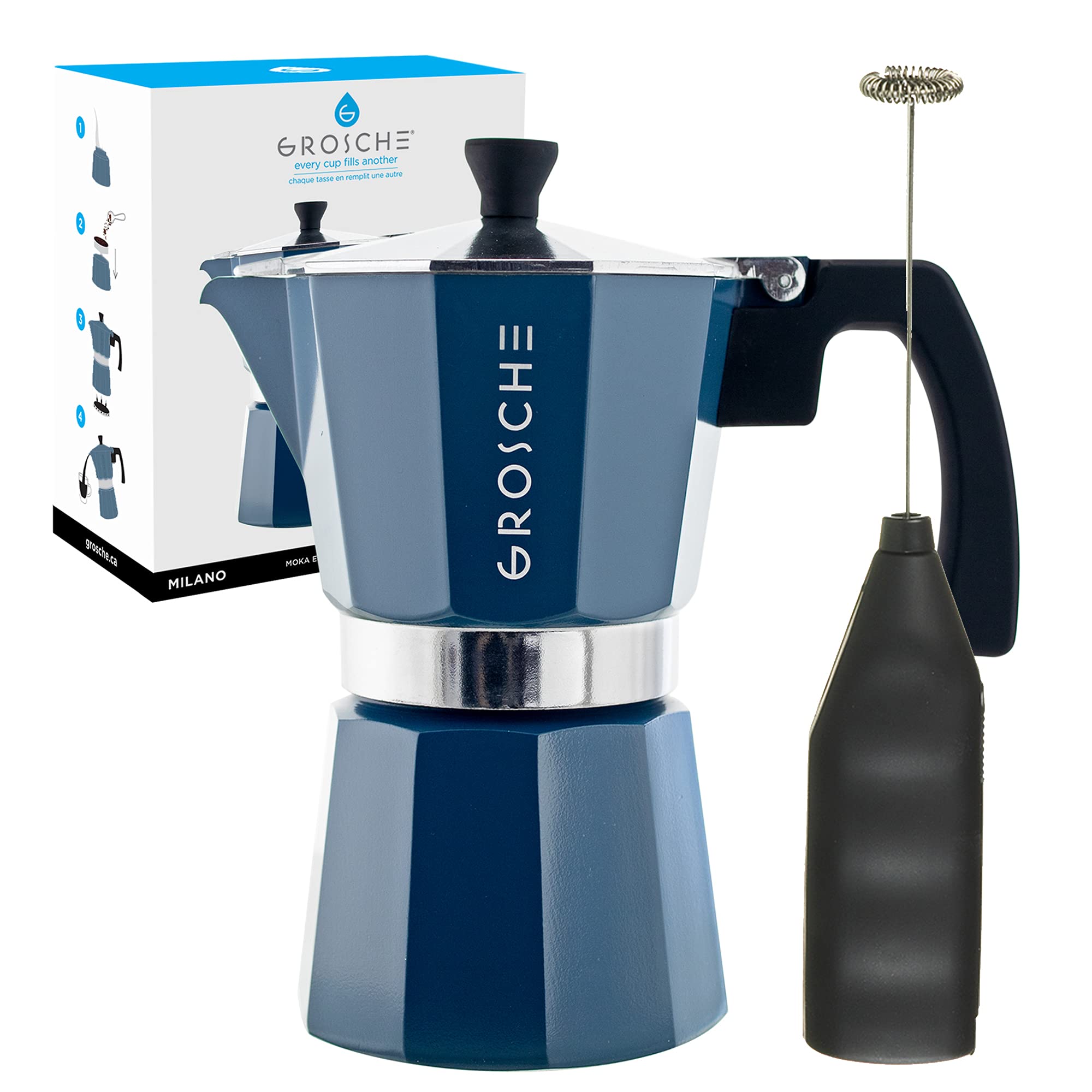 GROSCHE Milano Stovetop Espresso Maker (6 Cup, 9.3 oz) & Battery Operated Milk Frother Bundle - Perfect for Homemade Lattes, Cappuccinos and Coffee Drinks - Blue Italian Moka Pot Set for Coffee Lovers