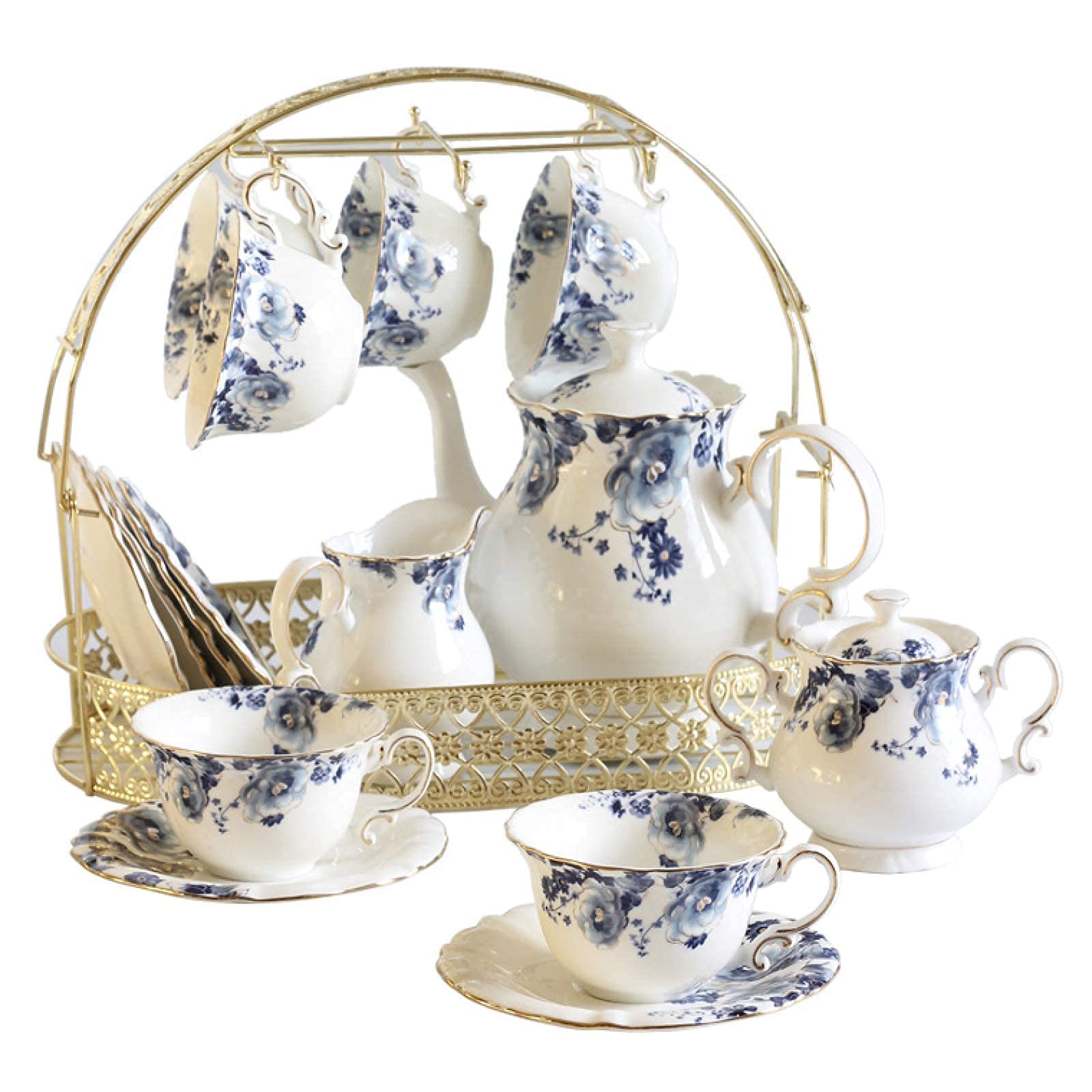 Vintage British Blue Floral Ceramic Tea Set - 6 Coffee Cups & Saucers with Sugar Bowl & Cream Pitcher - Elegant Afternoon Tea Service for Adults - Perfect for Weddings, Bridal Showers & English Tea Parties