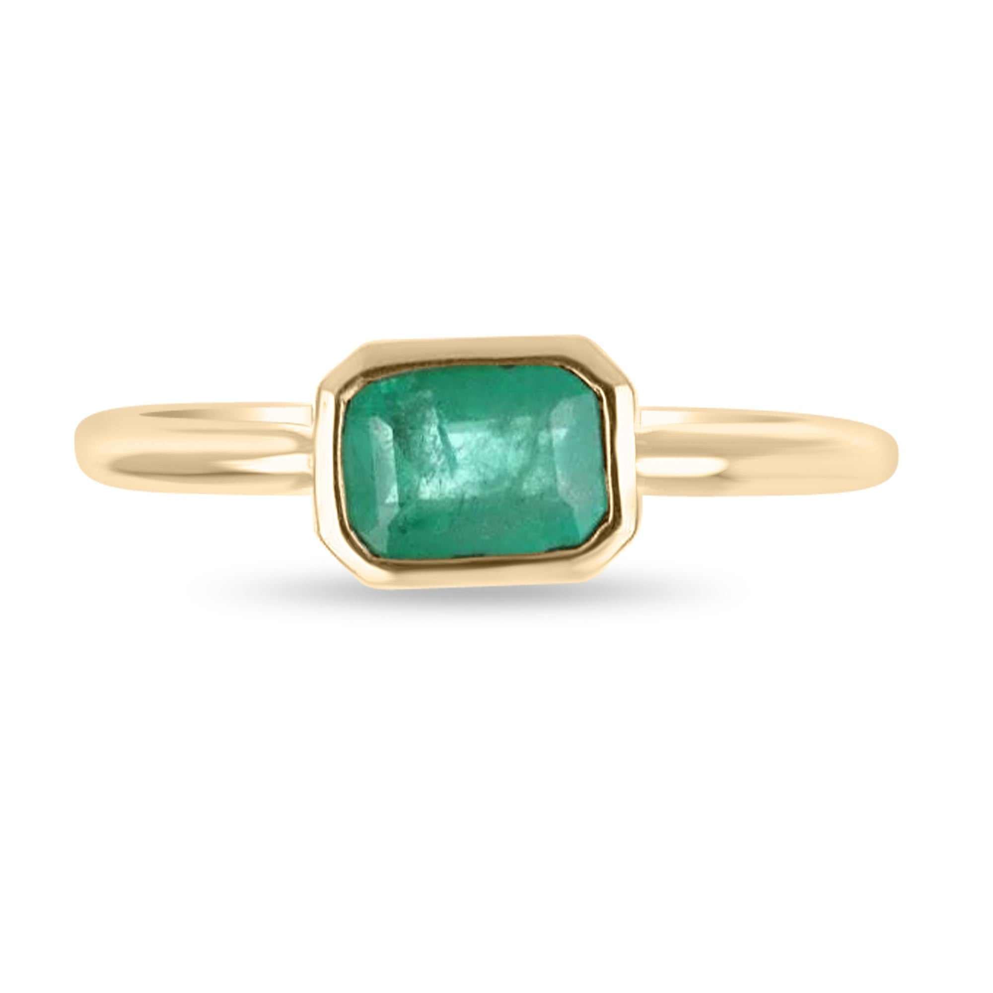 14K Gold Classic Horizontal 0.70ct Bezel-Set Colombian Emerald Solitaire Ring for Women - Elegant Wedding, Engagement & Anniversary Jewelry Gift