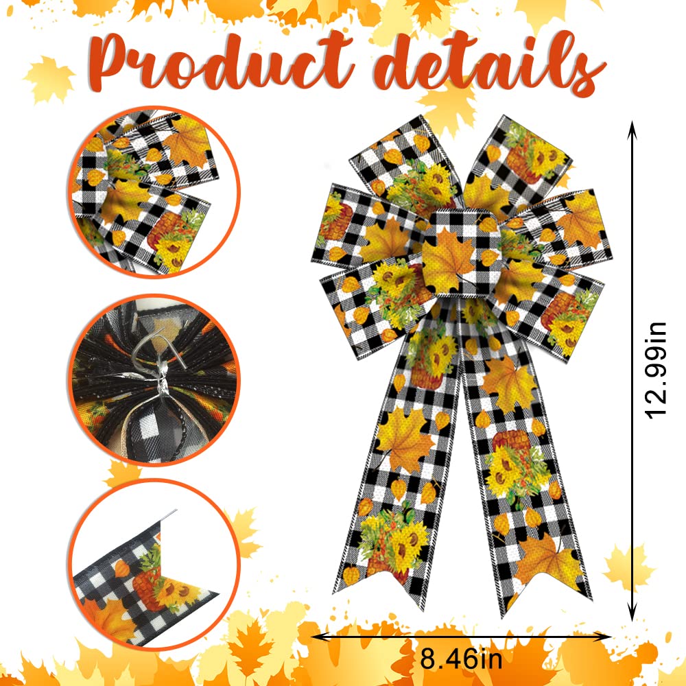 2 Pack Fall Wreath Bows - Thanksgiving Autumn Decor with White Black Buffalo Plaid & Orange Burlap Leaves - Front Door Holiday Decorations for Thanksgiving, Harvest Festival & Seasonal Home Decor