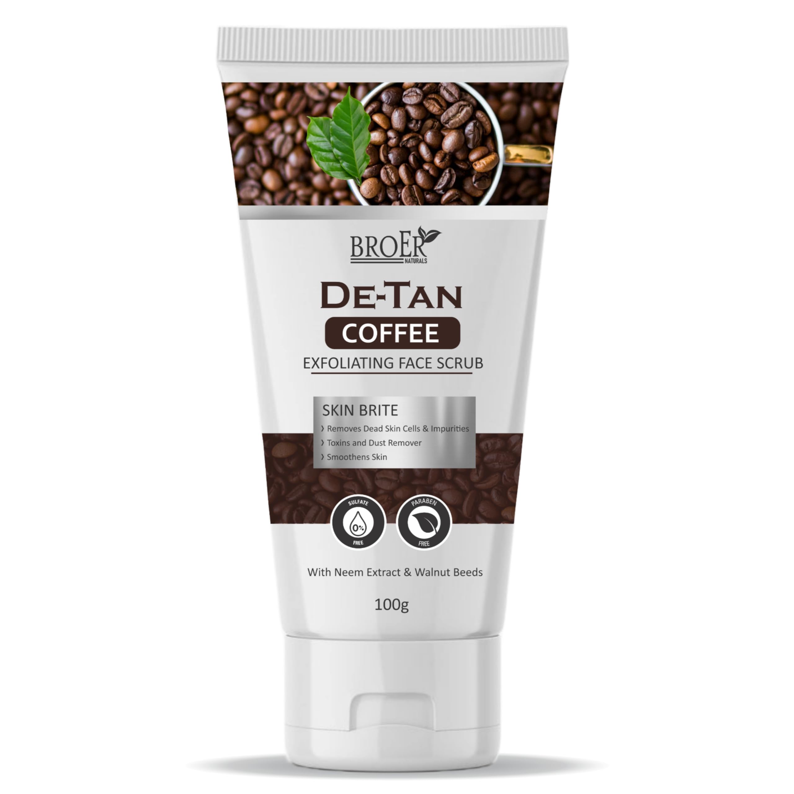BROER De Tan Exfoliating Coffee Face Scrub 100g - Natural Neem & Walnut Beads for Dead Skin Removal, Deep Cleansing & Skin Smoothing | Detoxifying Facial Scrub for Glowing Skin | Perfect for Daily Skincare & Acne Treatment