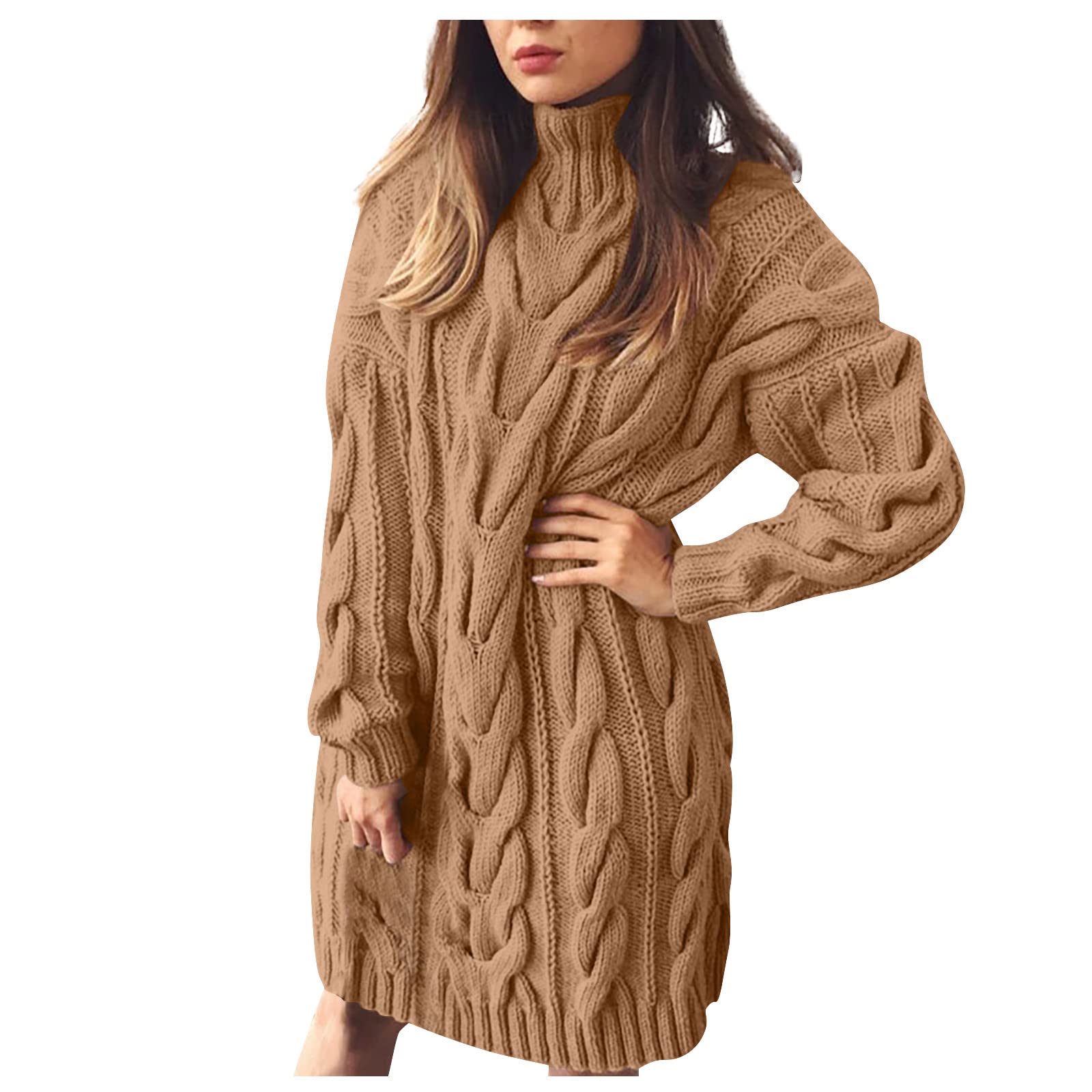 FOVIGUO Women's Casual Turtleneck Long Sleeve Knit Sweater Dress - Solid Color Waffle Knit Knee-Length Dress for Fall & Winter, Office Wear, Date Night & Holiday Outfits