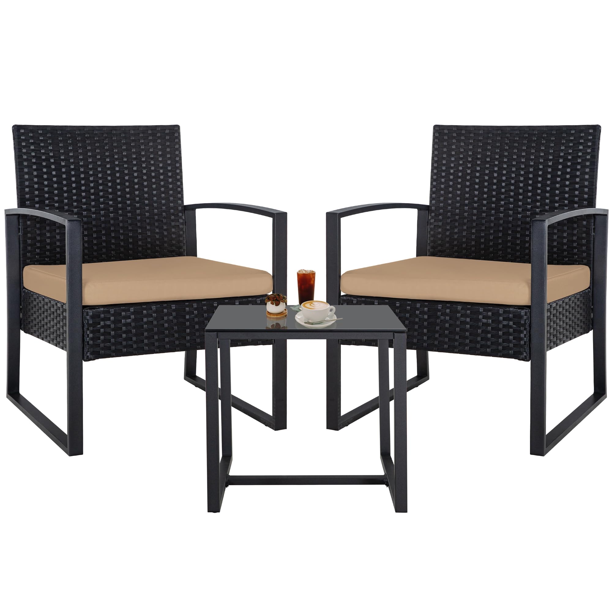 HYDRAGARDEN 3-Piece Outdoor Patio Furniture Set - Black Wicker & Brown Cushion Bistro Conversation Set with Glass Table, Weather-Resistant Rattan Chairs for Garden, Porch, Balcony, Backyard - Perfect for Relaxing, Entertaining Guests, and Outdoor Dining
