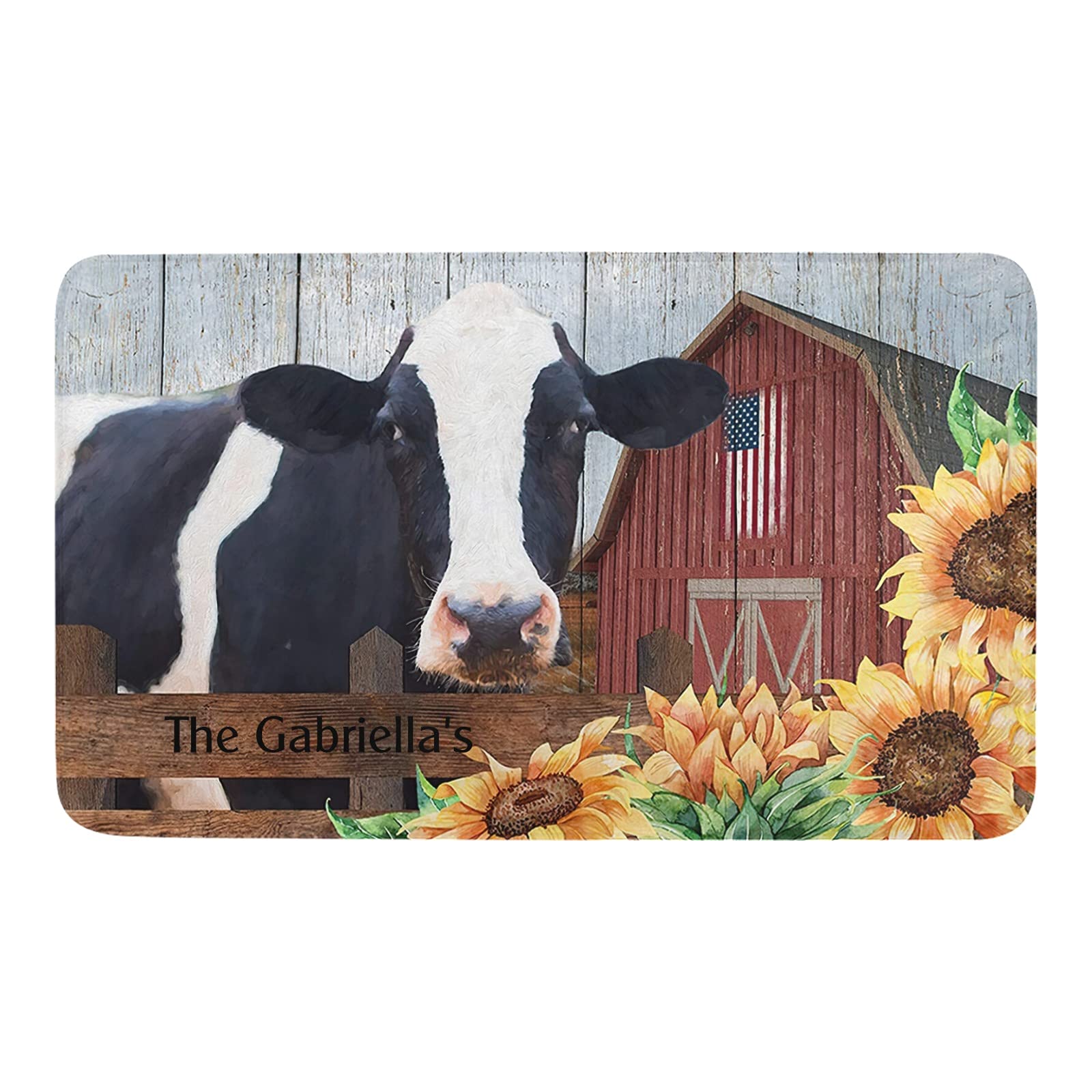Custom Personalized Family Name Doormat - Farmhouse Cow & Sunflower Design - 23.6x15.7 Inch Non-Slip Entryway Rug - Perfect for Outdoor Entrance, Bathroom Floor, Kitchen Area & Indoor Decor - Great Gift Idea for Housewarming & Home Decor