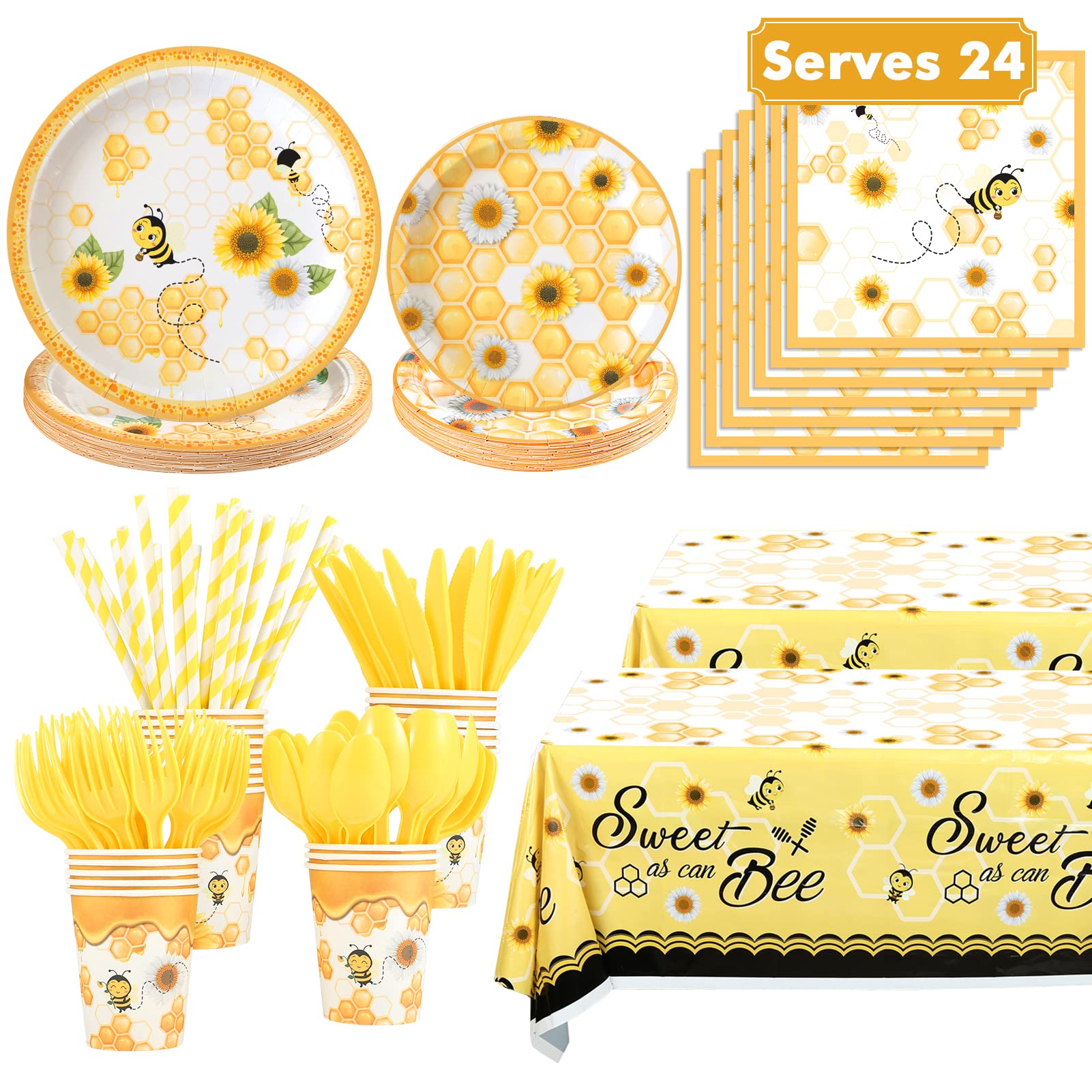 194PCS Bumble Bee Themed Party Supplies Set - Bee Decorations, Paper Plates, Napkins, Tablecloth & Tableware for Gender Reveal, Birthday & Baby Shower Parties (Serves 24) | Perfect for Outdoor Picnics, Themed Celebrations & Kids' Birthday Events