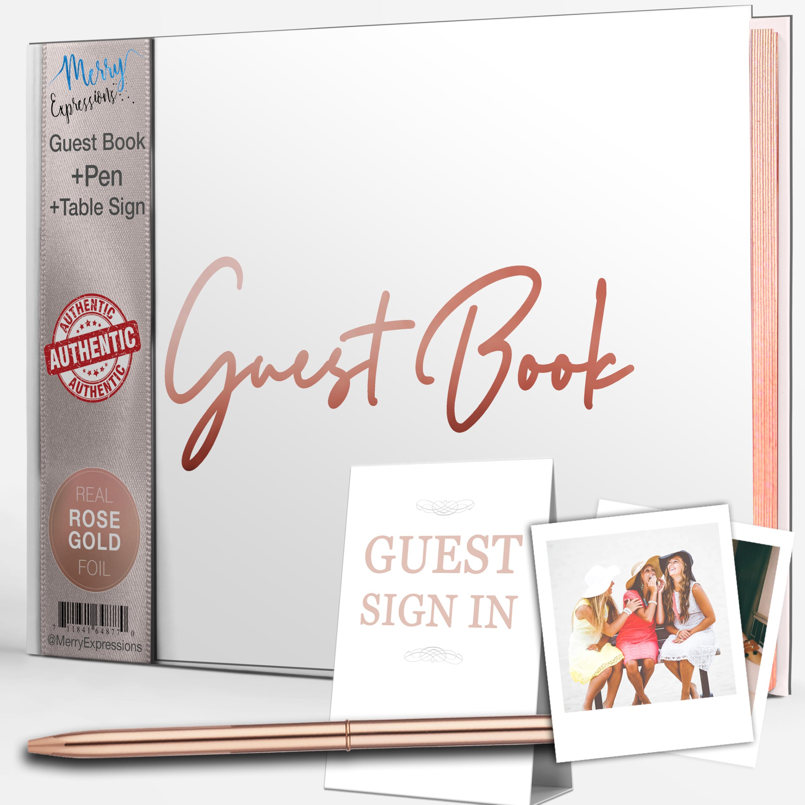 Elegant Pink & Rose Gold Guest Book with Pen & Table Sign - 7x9 Inch Wedding Guestbook for Reception, Bridal & Baby Showers, Birthday Parties - Gilded Pages with Blank Left Side for Polaroids - Perfect for Cherishing Memories at Special Events
