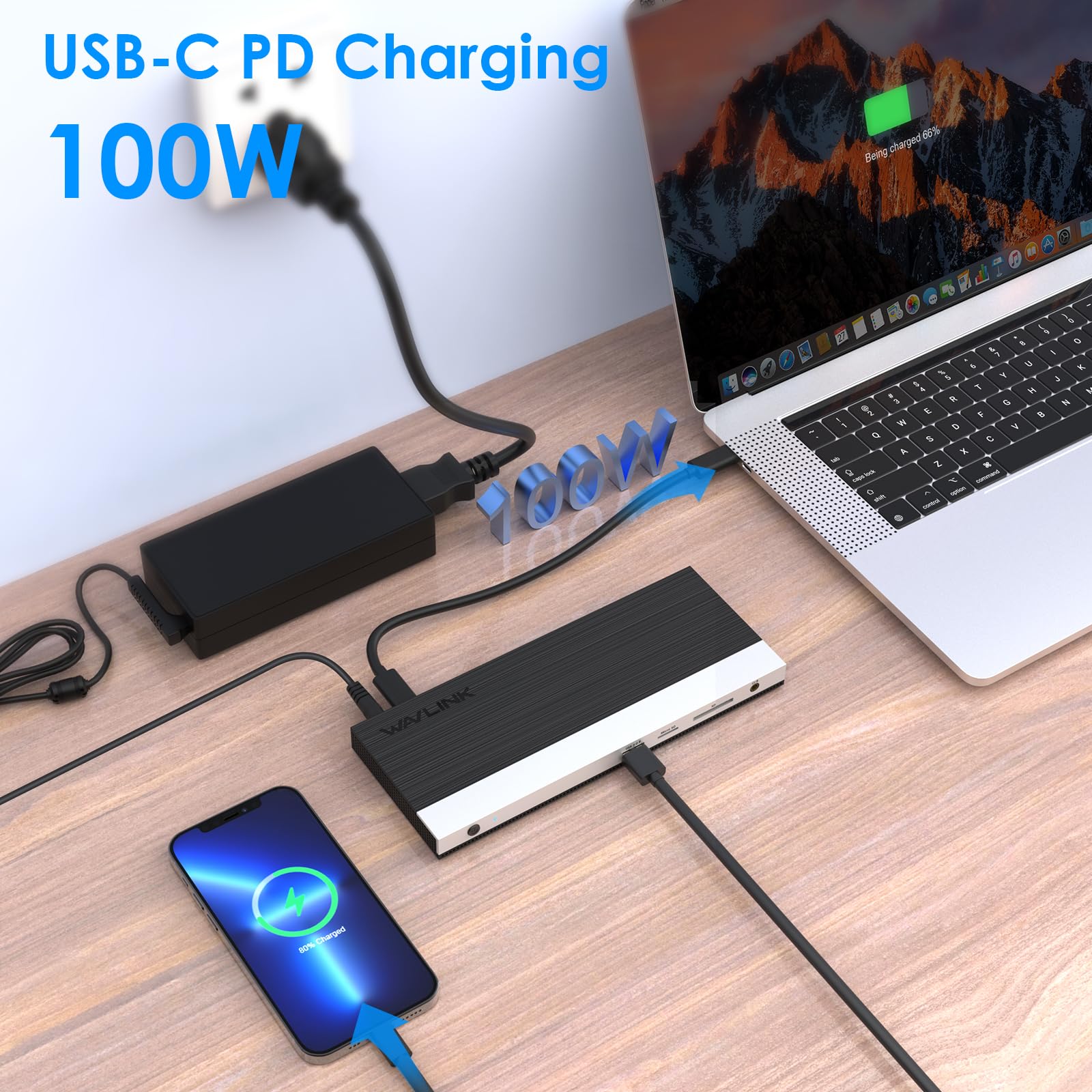 WAVLINK USB C Docking Station Triple Monitor - 100W PD Charging, Dual HDMI & DisplayPort, 4 USB 3.0 Ports, Ethernet, SD/TF Card Reader - Compatible with Dell, HP, Lenovo Laptops (Windows/Mac) - Perfect for Home Office & Multi-Screen Workstations