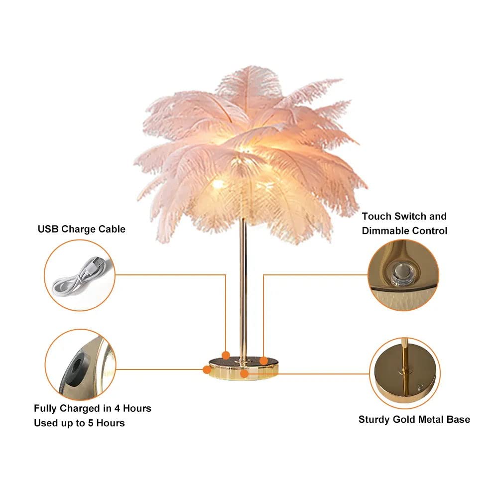 KunMai Touch Switch Pink Feather Dimmable Table Lamp - Modern 3-Light Bedside Nightstand Lamp with USB Charging for Bedroom, Living Room, Nursery Decor (Pink, Dimmable)