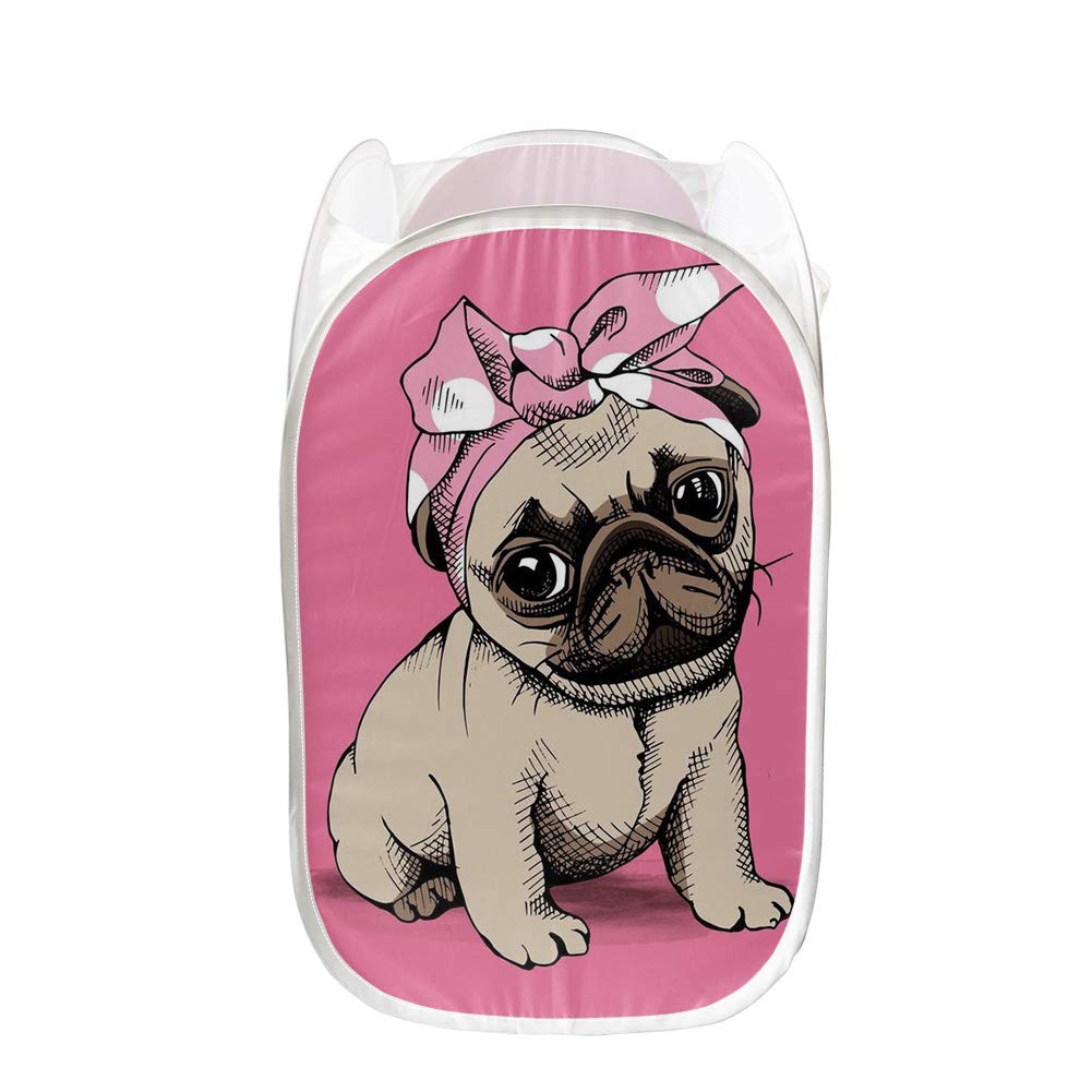 Cute Pug Dog Print Mesh Pop-up Laundry Hamper - Collapsible Clothes & Toys Storage Basket for Bedroom, Nursery, Dorm - Pink (PZZ BEACH)
