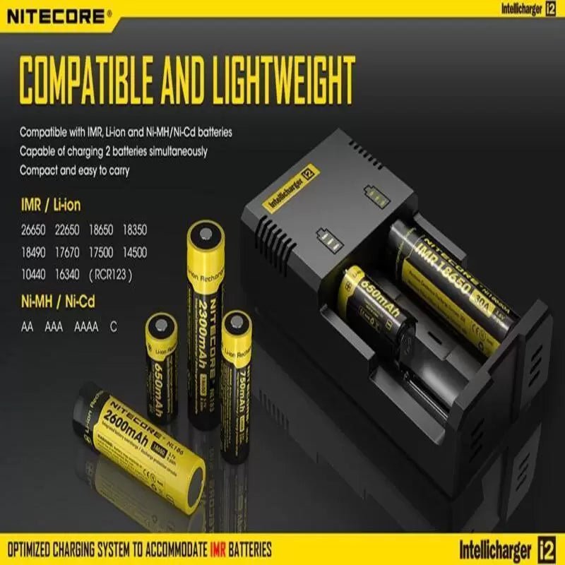 Nitecore i2 2-Slot Universal 18650 Battery Charger - Fast Charging for Li-ion, Ni-MH, Ni-Cd Batteries - Perfect for Flashlights, Vapes, and Electronic Devices