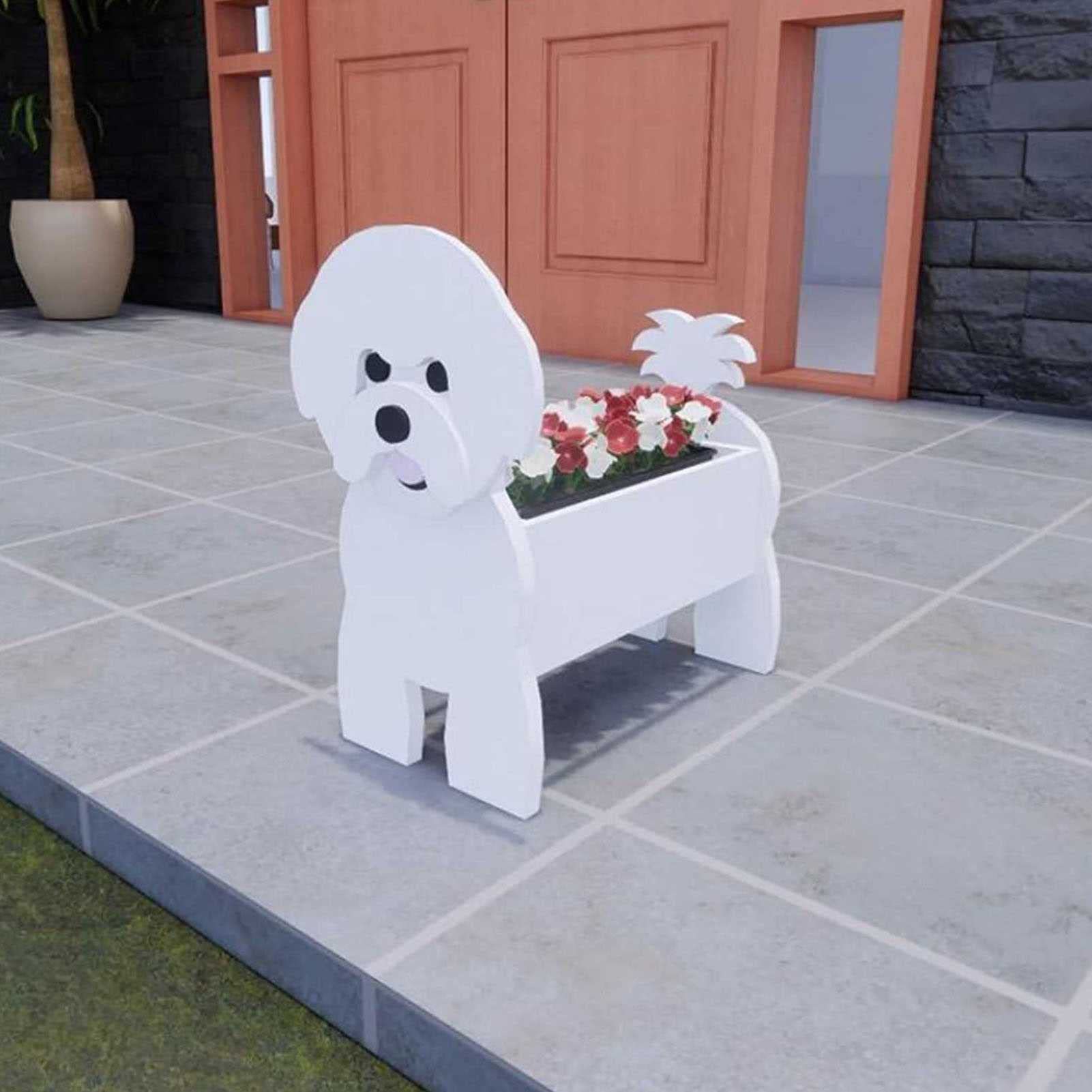 Bichon Frise Dog Planter Pot - 16.9x9.8 Inch PVC Outdoor Flower Pot for Garden, Patio Decor | Cute Animal Planter for Succulents, Herbs & Small Plants | Perfect for Home, Office & Gift Giving