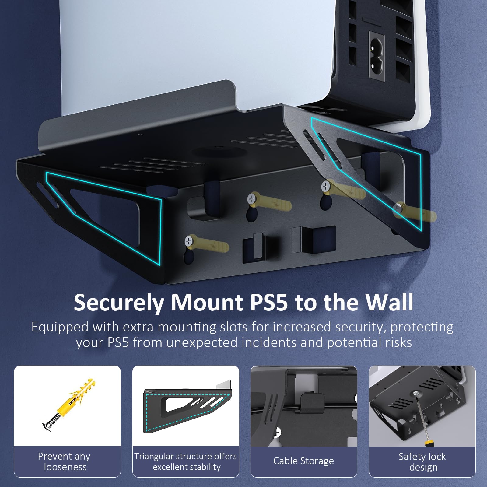 NexiGo PS5 Wall Mount Kit with Charging Station - Compatible with PS5/PS5 Slim/PS5 Pro Consoles & DualSense/Edge Controllers - Sturdy Metal Wall Stand with LED Indicator - Perfect for Gaming Setup & Space Saving Organization