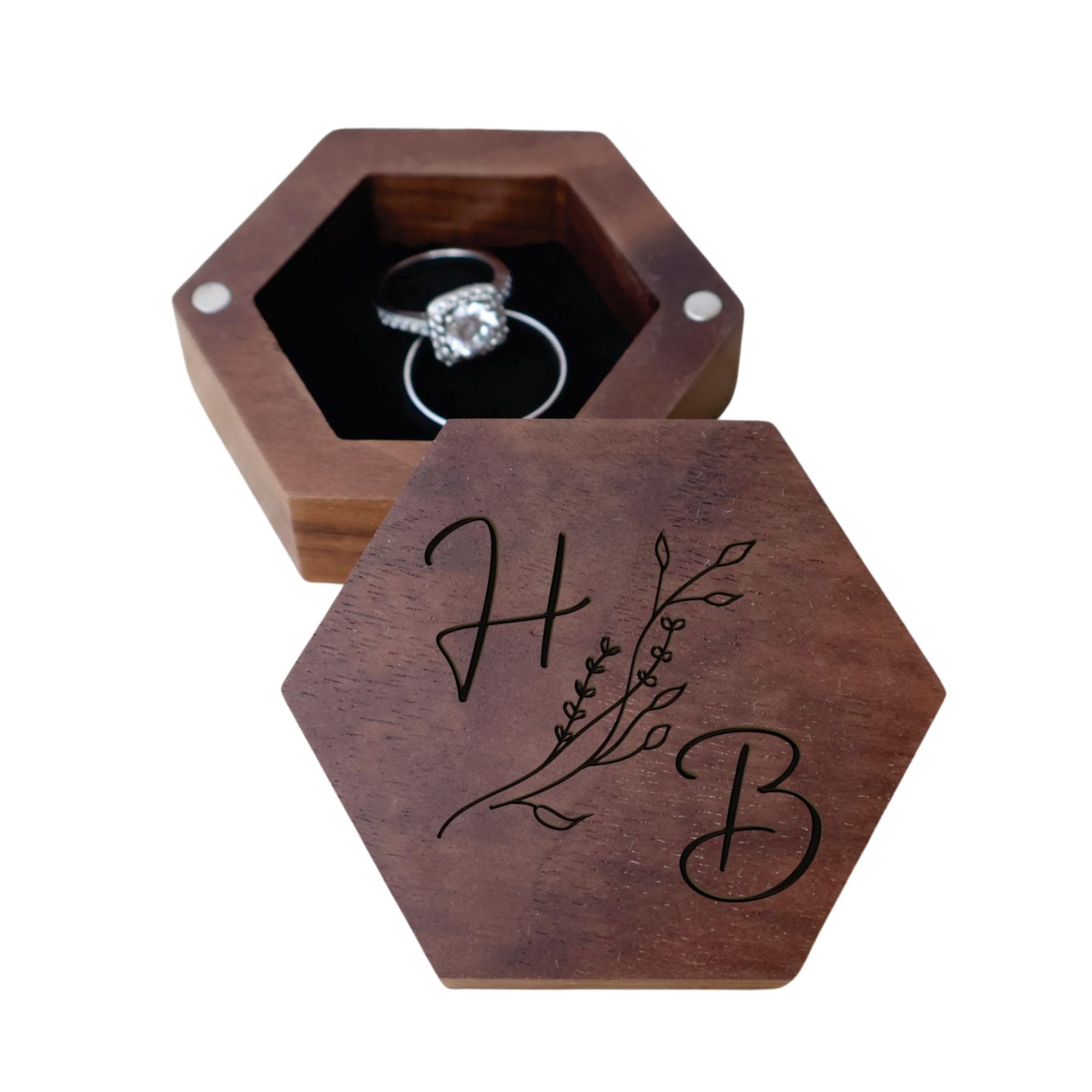 Personalized Wedding Ring Box - Engraved Hexagonal Walnut Wood Ring Holder for Proposal, Engagement & Wedding Ceremonies - Perfect Ring Bearer Gift & Keepsake Box for Couples (Design 11)