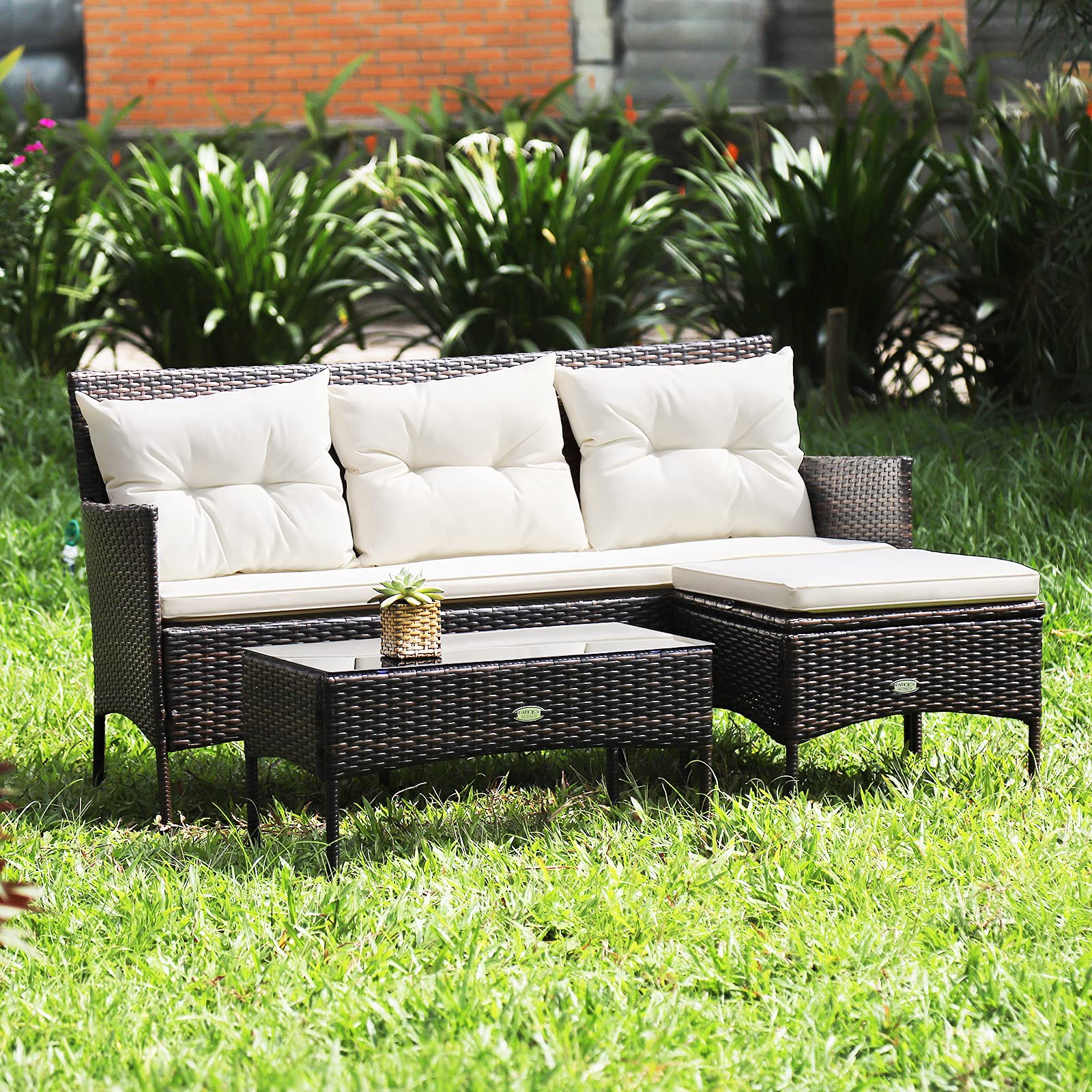 HappyGrill 3-Piece Outdoor Rattan Patio Furniture Set with Tempered Glass Coffee Table & 5 Elastic Cushions - Waterproof Sectional Sofa for Poolside, Balcony, Backyard, Garden - Perfect for Relaxing, Entertaining & Outdoor Dining