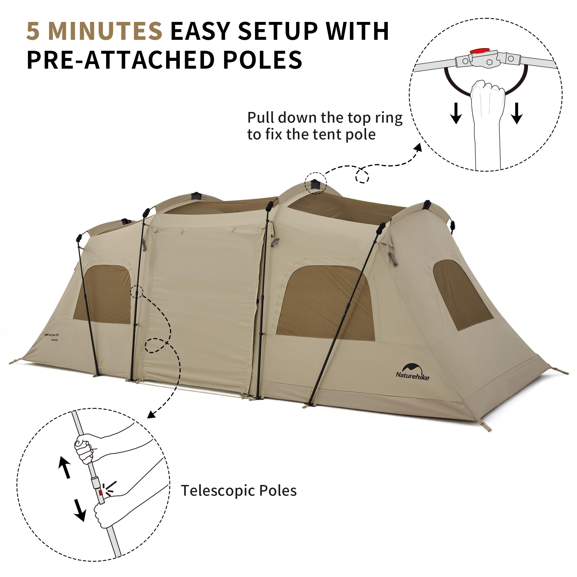 Naturehike Cloud Fast 6-Person Camping Tent - Easy 60-Second Setup, Spacious 2-Room Tunnel Tent for Family, Car Camping, Outdoor Adventures, Parties & Picnics | Waterproof & Windproof for All-Weather Protection