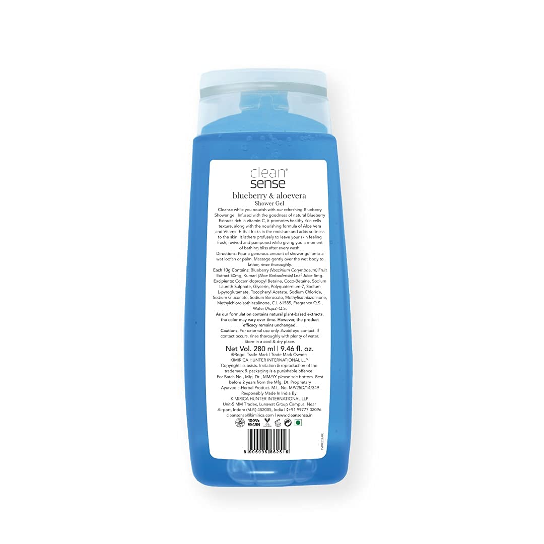 Cleansense Shower Gel Combo - 100% Vegan, Paraben Free with Aloe Vera & Vitamin E (Blueberry Limequat, 280ml x 2) | Hydrating Body Wash for Sensitive Skin, Perfect for Daily Shower & Spa Relaxation