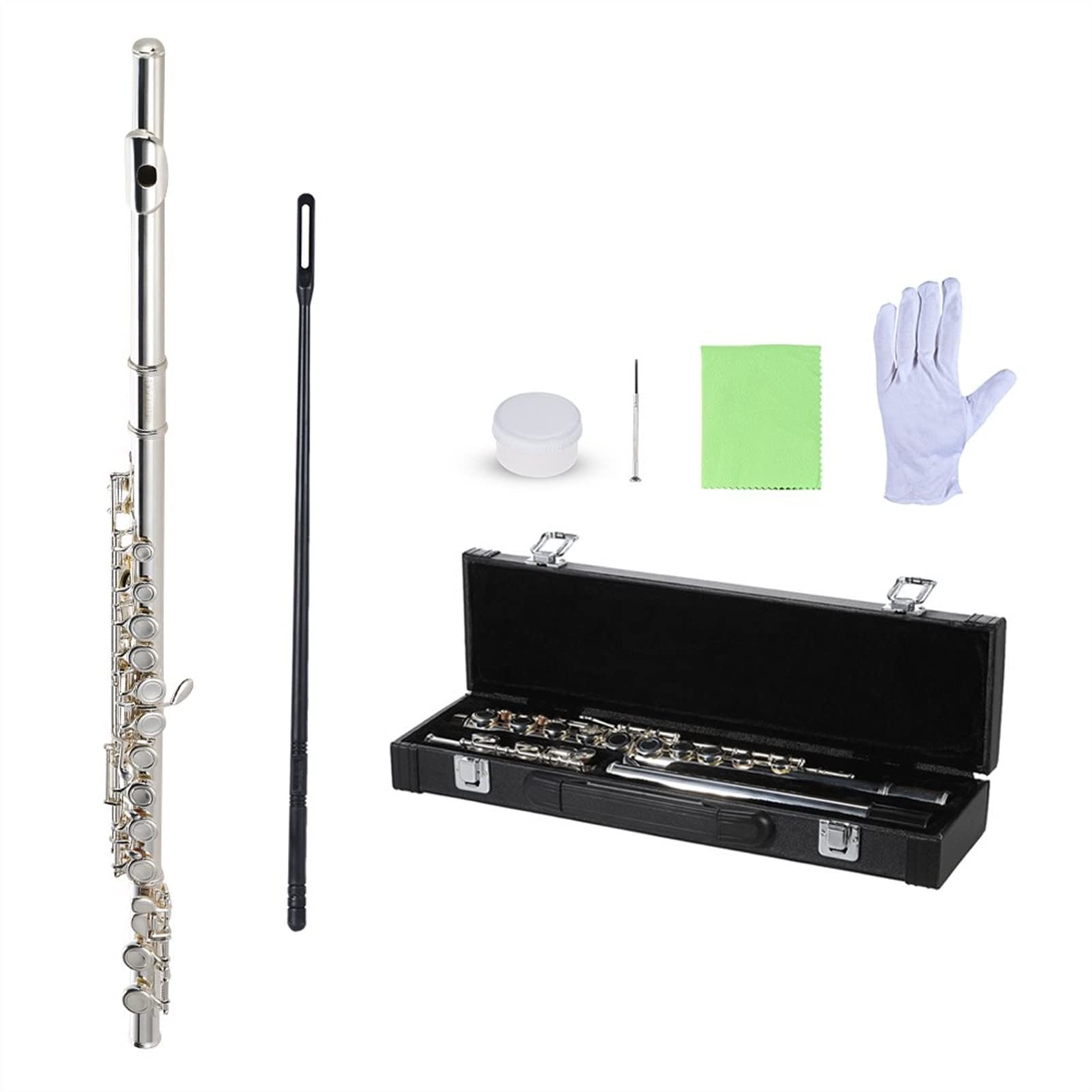 ZUZU Cupronickel Silver Plated 16-Hole C Key Flute with Case & Screwdriver - Professional Beginner Wind Instrument for Students, Band Practice & Home Performance