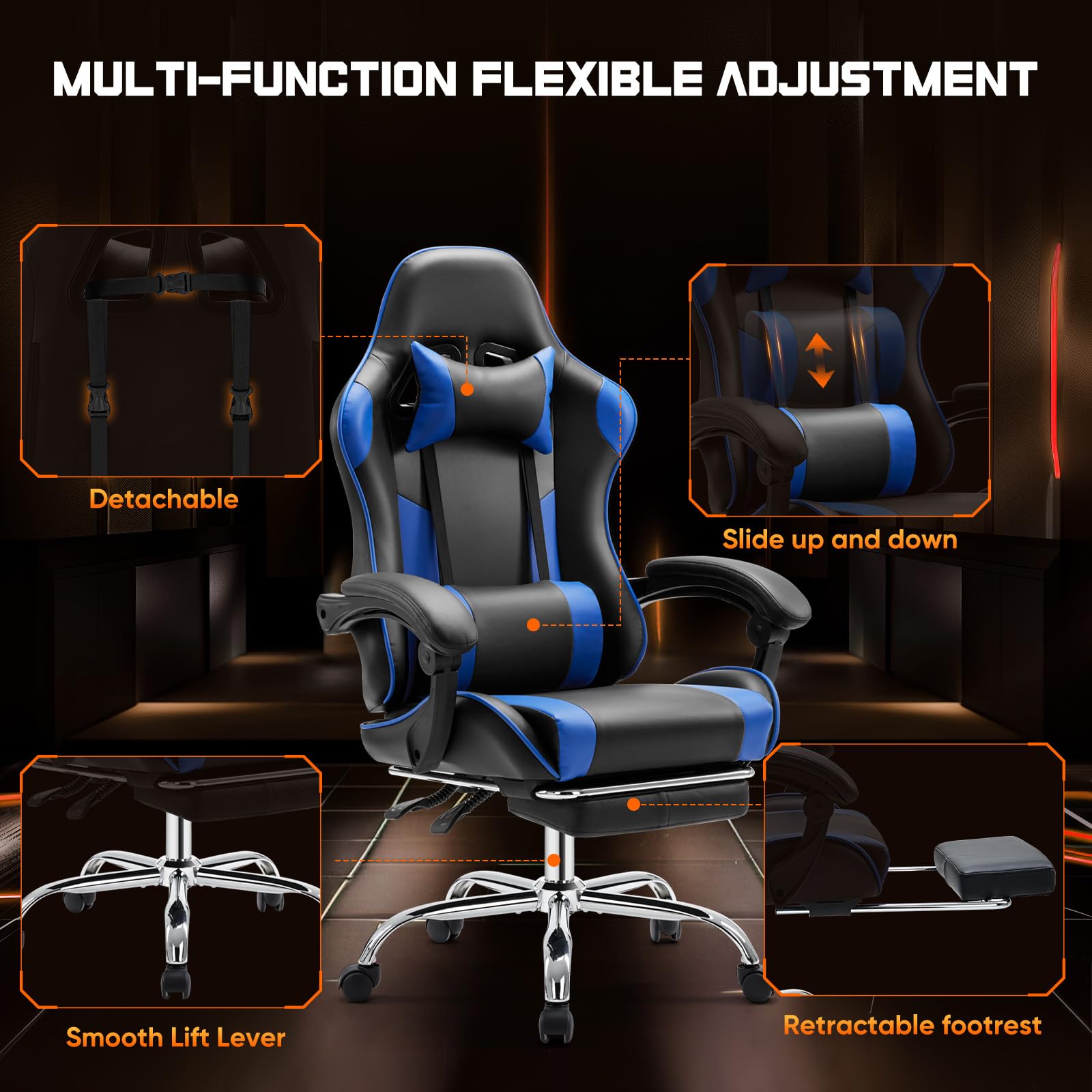 DUMOS Ergonomic Gaming Chair - PU Leather Office Desk Chair with Adjustable Lumbar Support, Headrest & Footrest, 360° Swivel, Fixed Armrests, Height Adjustable - Blue Computer Chair for Adults - Perfect for Gaming, Working & Home Office Use