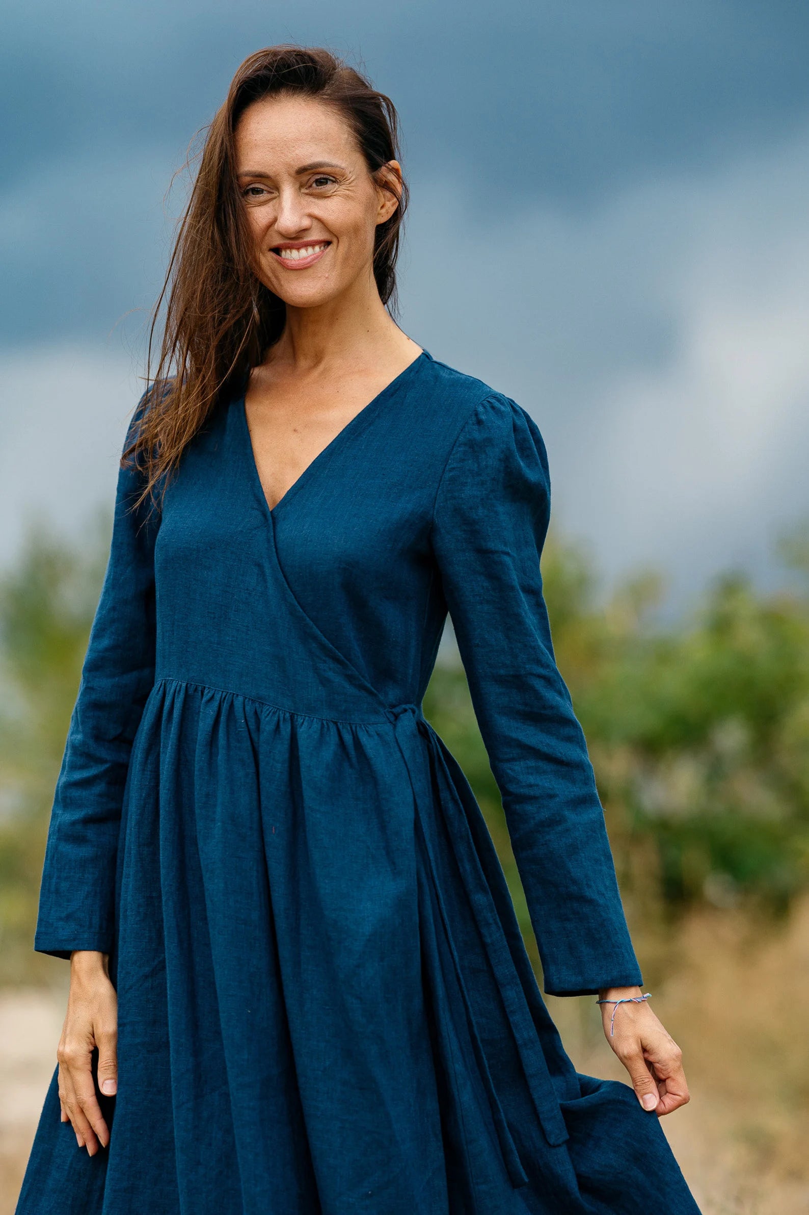 Wrap Linen V-Neck Dress - Venice Style Summer Beach Cover Up & Casual Day Outfit