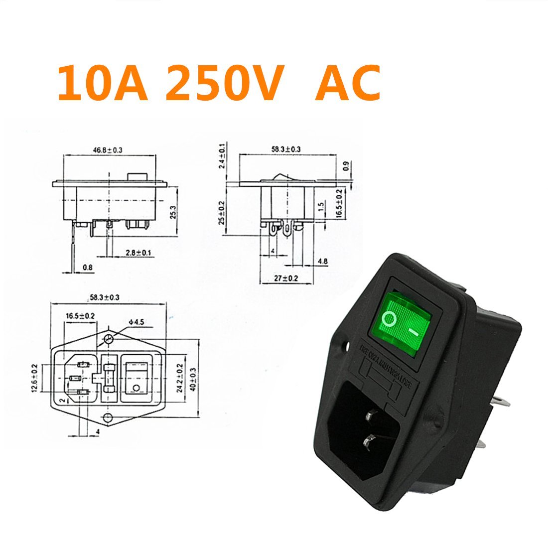 Oiyagai 4 Sets IEC320 C14 Male Power Socket with Fuse Switch, AC 250V 10A, Green Light Indicator - Perfect for Computer Power Supplies, Servers, and Audio/Video Equipment