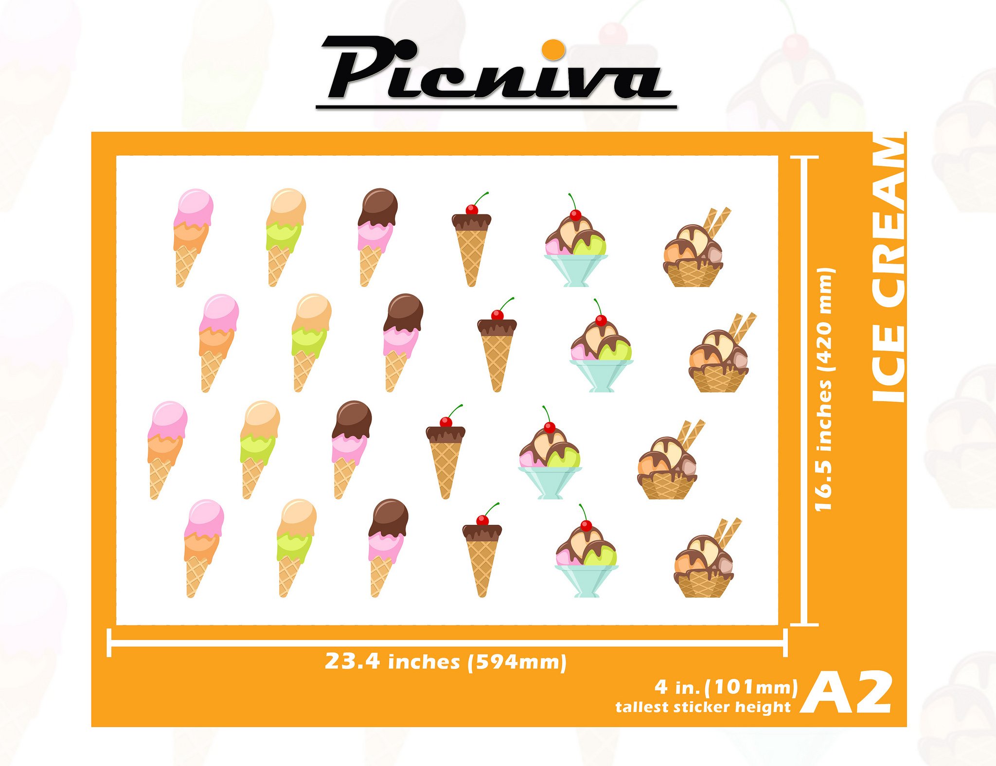 Picniva A2 (4 Inch) Ice Cream Themed Baby & Kids Nursery Room Decorative Vinyl Wall Stickers - Perfect for Bedroom, Playroom, and Daycare Wall Decor