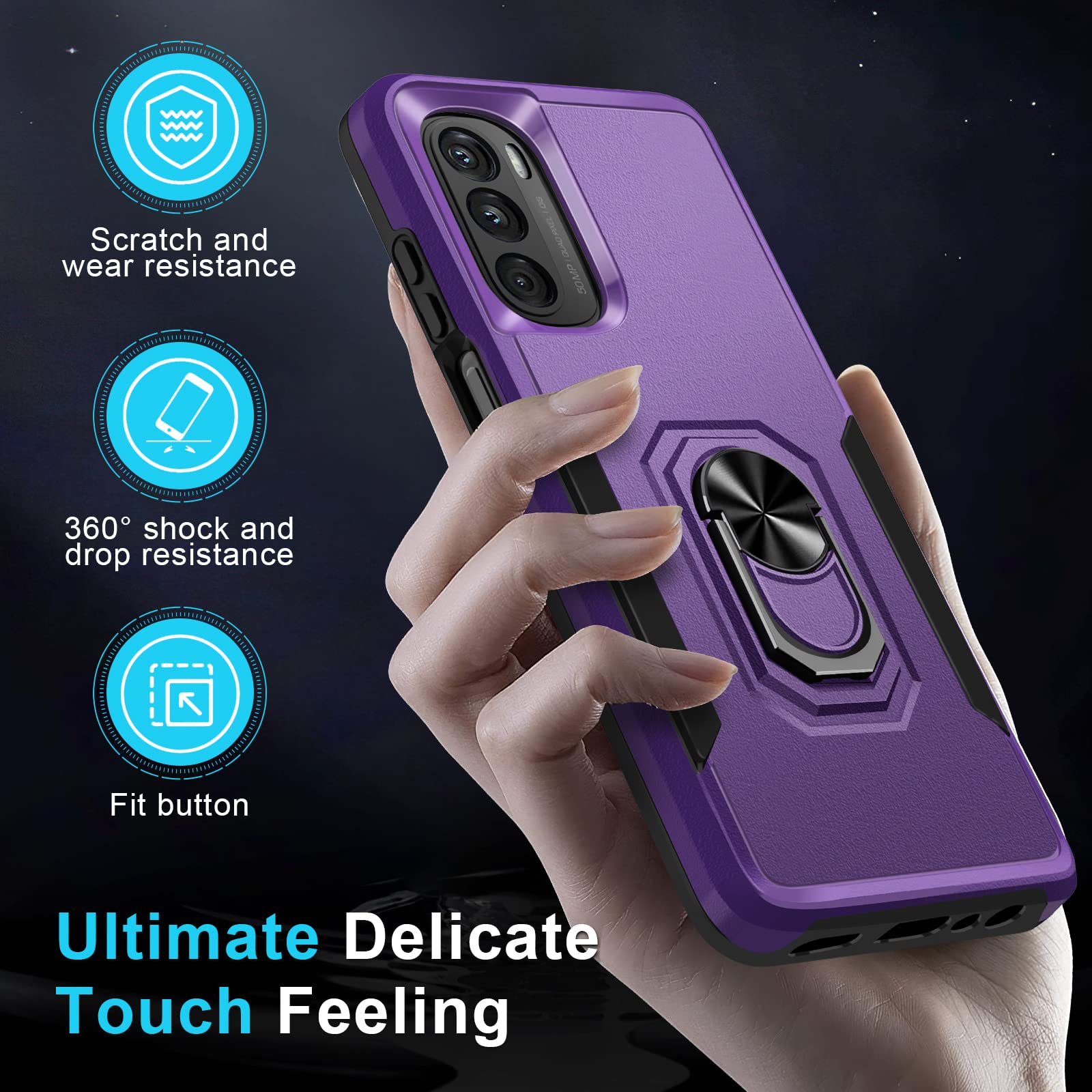 Janmitta Heavy Duty Shockproof Case for Moto G 5G 2022 - Full Body Protective Cover with Built-in Rotatable Metal Ring Holder & Kickstand + Screen Protector (Lavender) | Perfect for Outdoor Activities, Travel, and Daily Protection