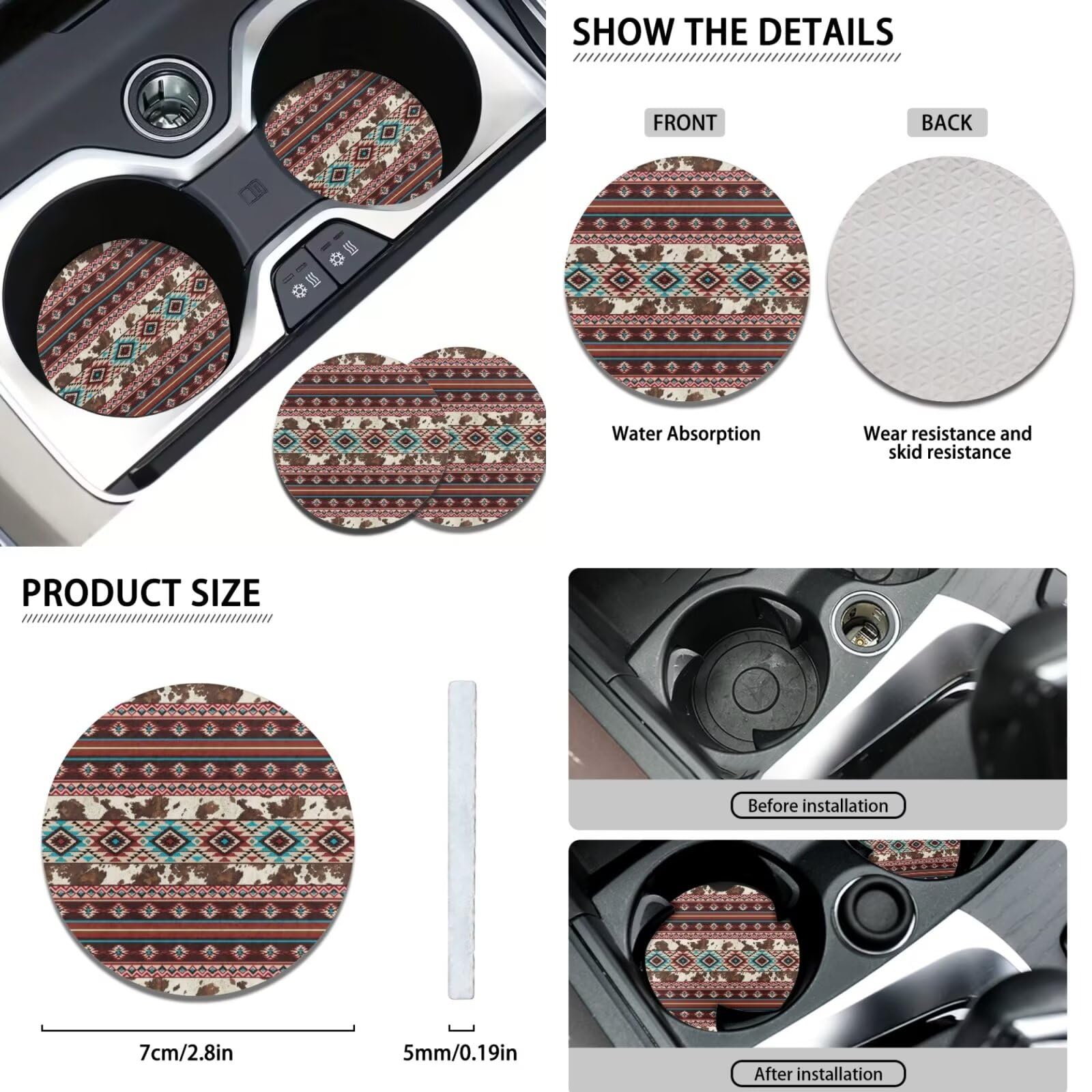 Aztec Brown Cow Print Car Accessories Set - 11 PCS Universal Car Seat Covers, Steering Wheel Cover, Seat Belt Pad & Cup Holder Key Chains for Most Vehicles | Perfect for Road Trips, Daily Commute & Car Interior Decoration