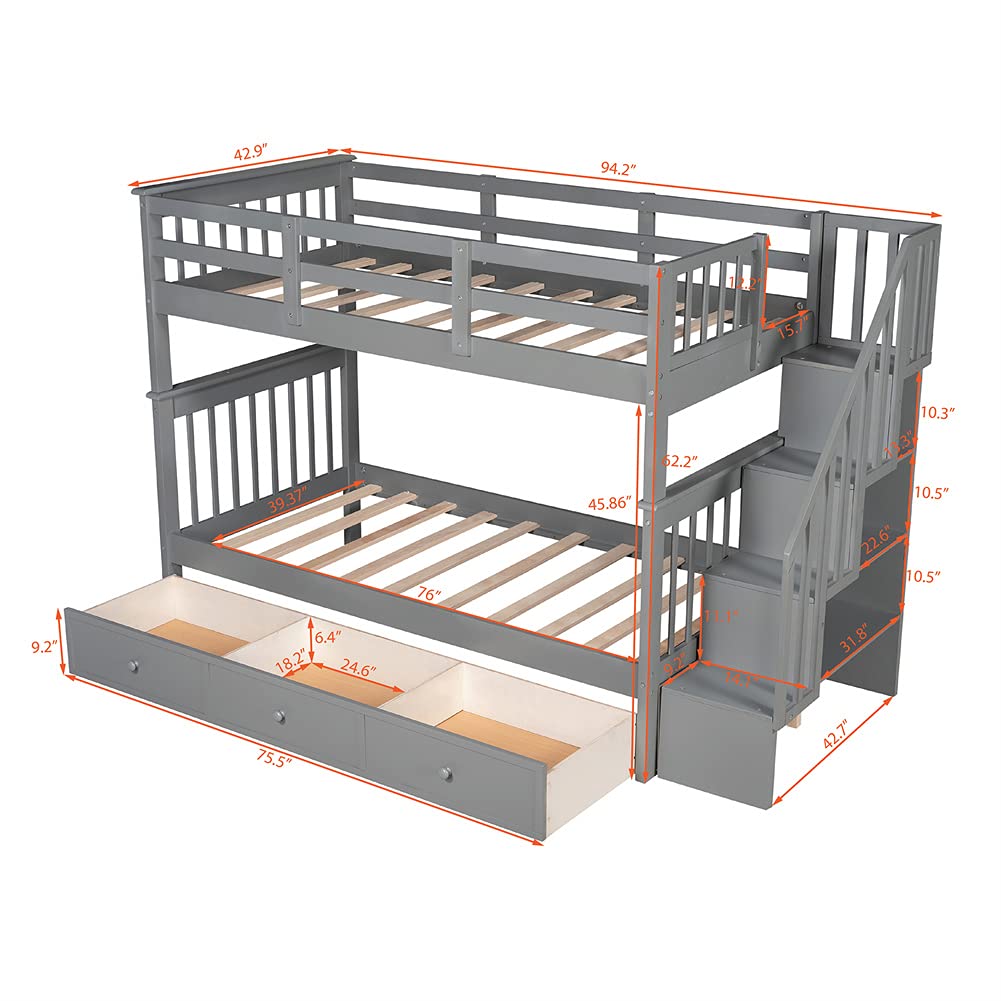 Twin Over Twin Wooden Bunk Bed with 3 Drawers - Space Saving Bunk Bed for Kids & Teens - No Box Spring Required - Perfect for Small Bedrooms, Dorm Rooms & Guest Rooms (Gray)