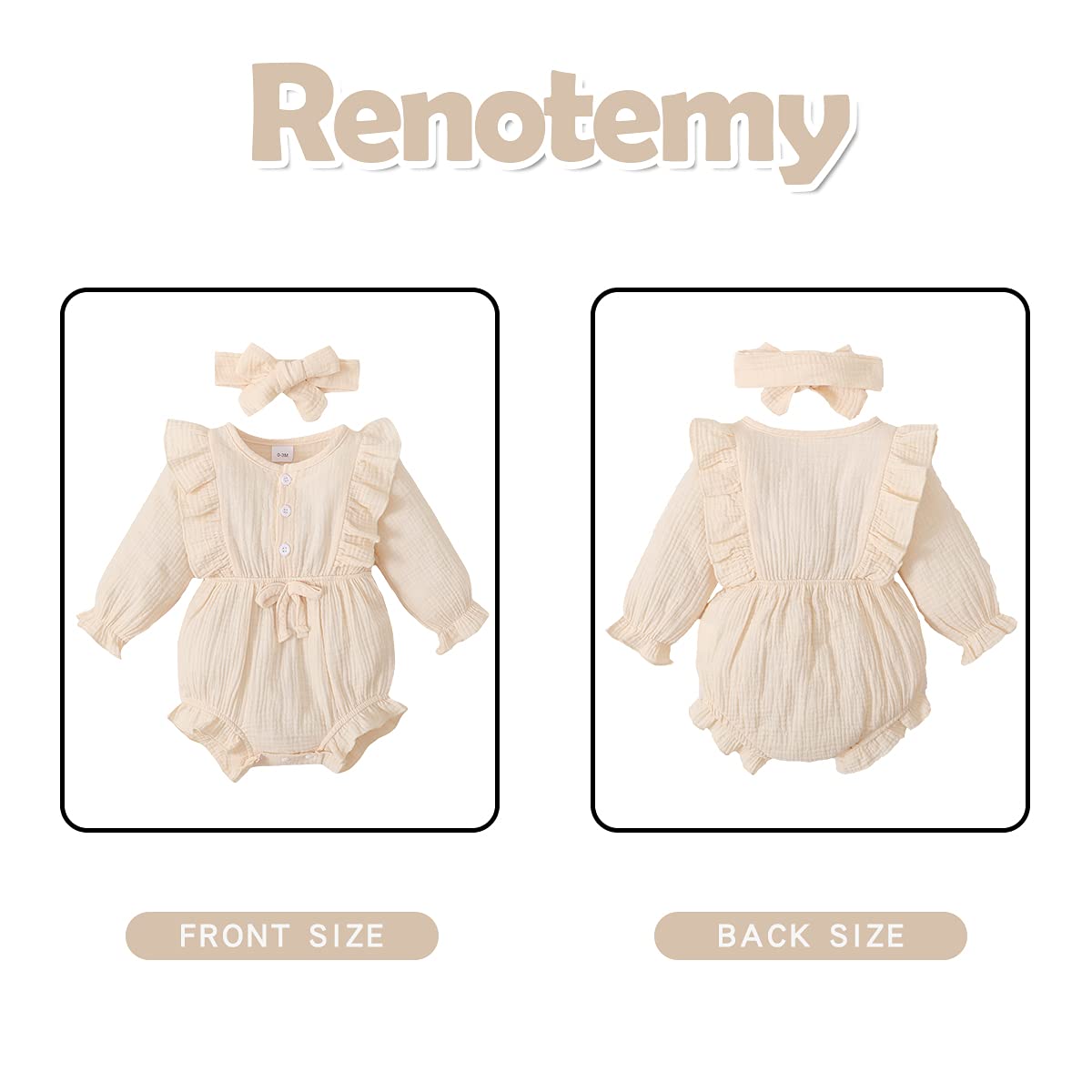 Renotemy Newborn Baby Girl Clothes - Soft Cotton Linen Romper with Ruffle Detail | Cute Solid Color Jumpsuit for Infants 0-24 Months | Perfect for Photoshoots, Playdates & Special Occasions