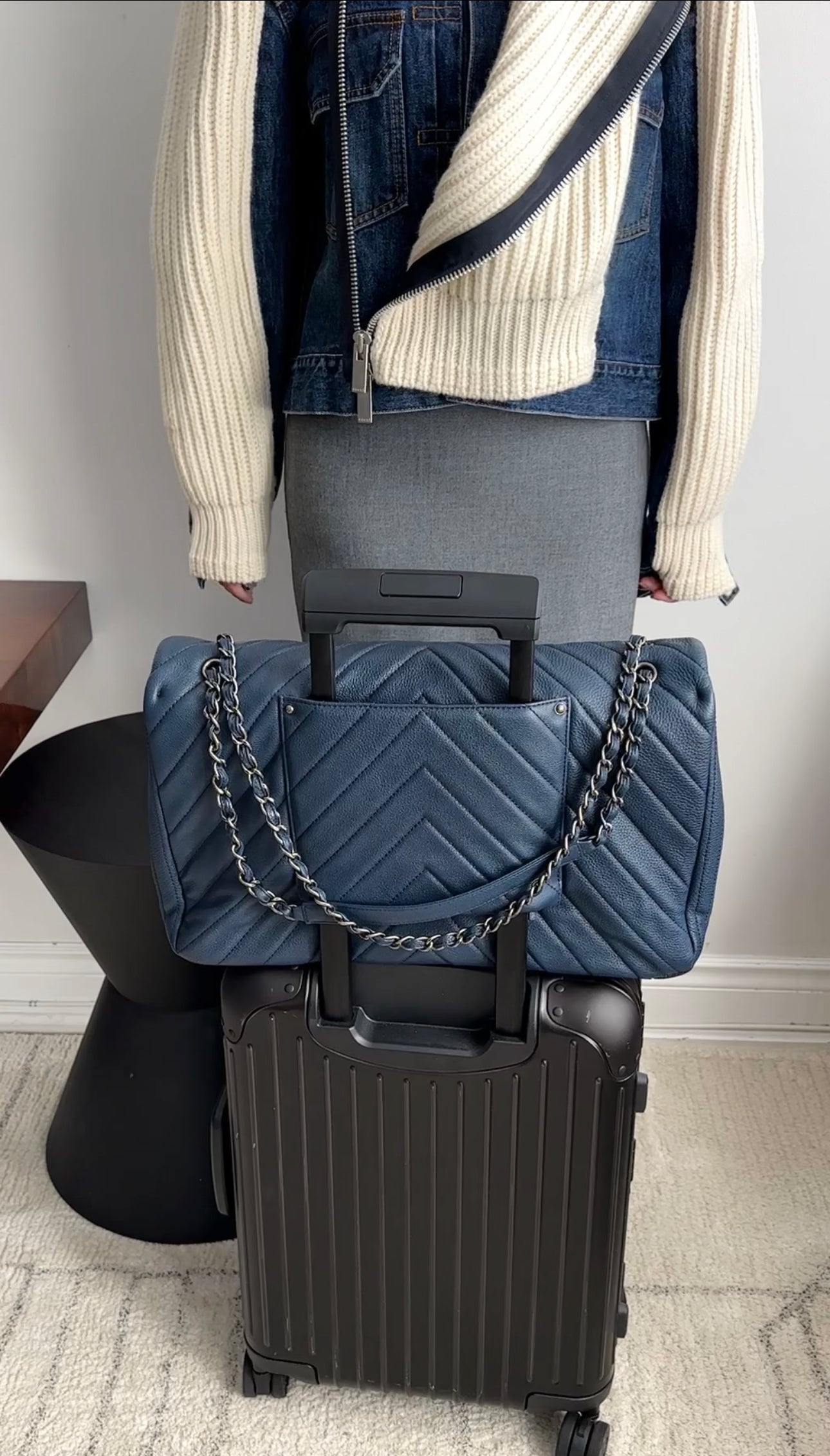 Chanel Navy Blue Chevron Quilted XXL Travel Flap Bag - Luxury Designer Handbag for Women, Spacious Tote for Travel & Everyday Use