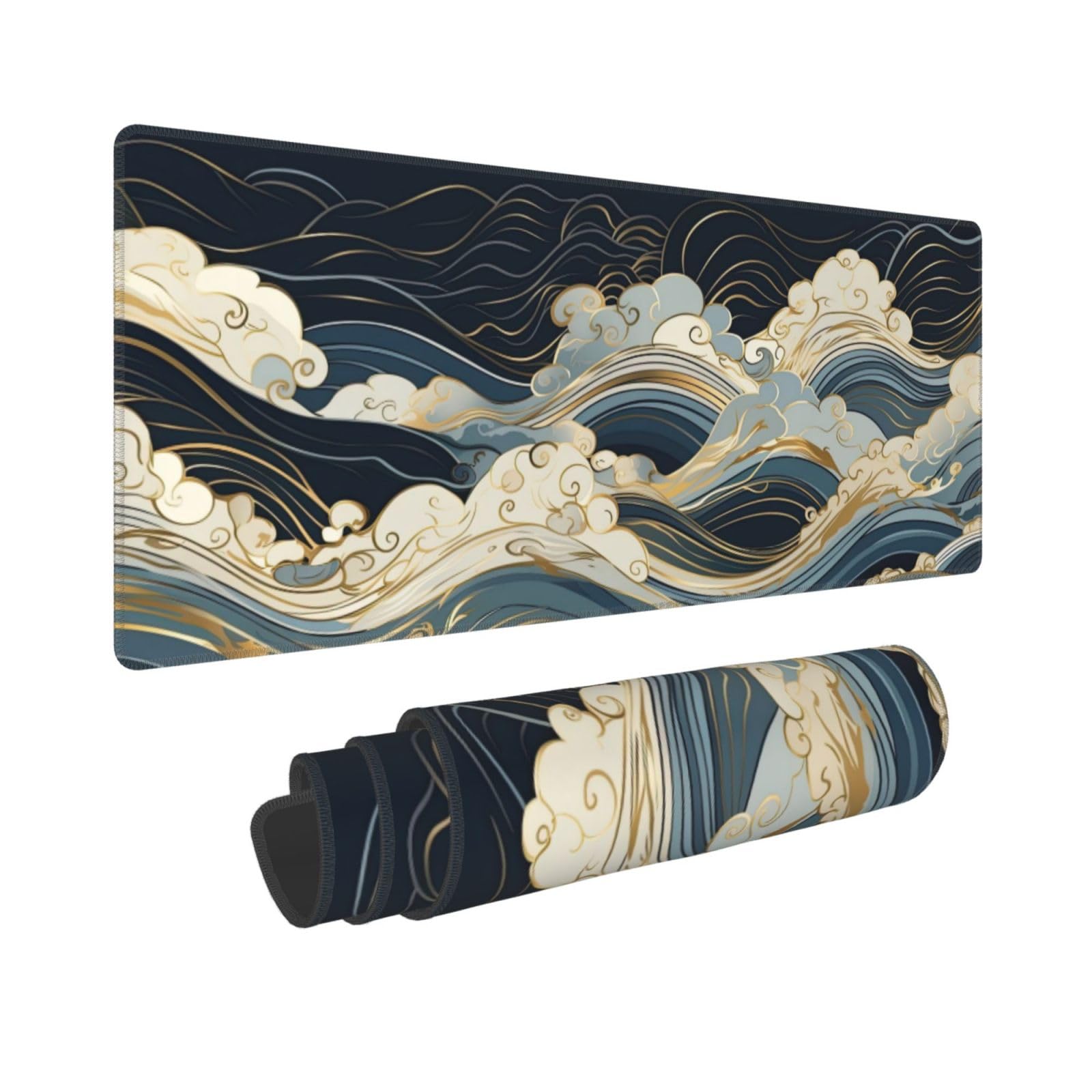 Japanese Ocean Waves Gaming Mouse Pad XL - Non-Slip Rubber Base, Stitched Edges, Extended Large Size 31.5