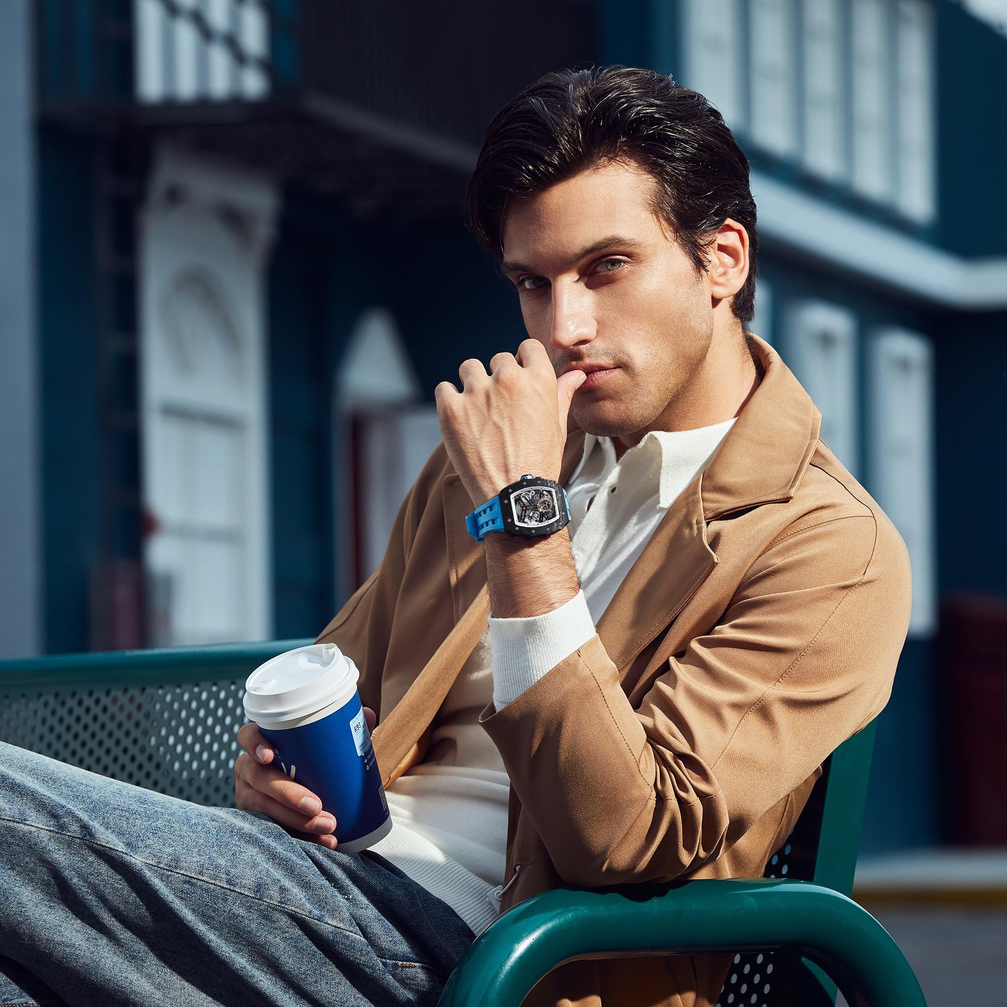 TSAR BOMBA Luxury Men's Watch - 50M Waterproof Tonneau Chronograph with Silicone Band & Mechanical Movement - Perfect for Business, Casual Wear & Gifts for Men
