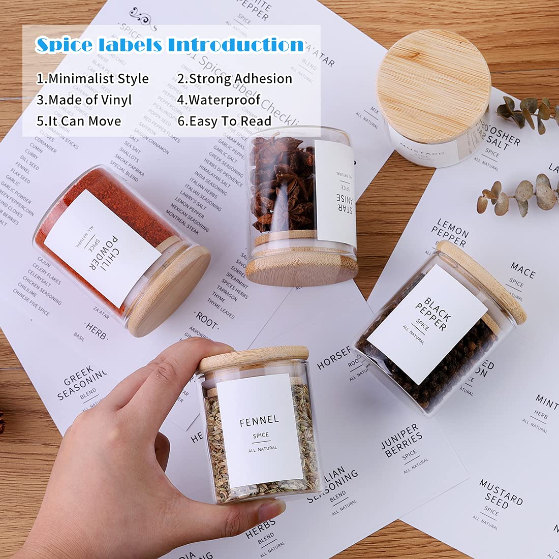20-Pack 4oz Glass Spice Jars with Bamboo Lids - Thick 2.4mm Airtight Herb Storage Containers - Includes 131 Preprinted Waterproof Minimalist Labels - Perfect for Pantry Organization, Kitchen Spice Storage & DIY Seasoning Jars - Ideal for Home Chefs & Meal Prep