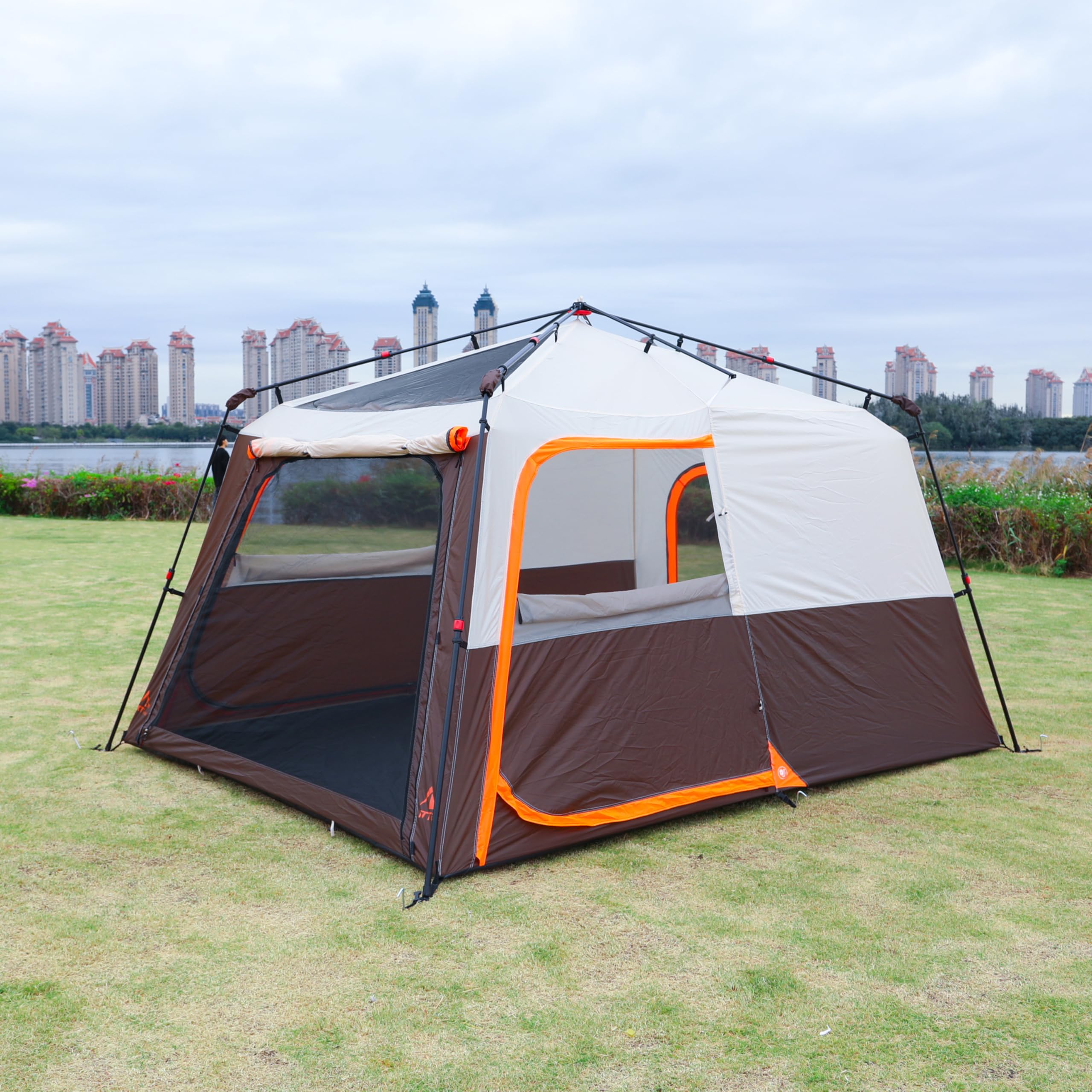 KTT Large 6-8 Person Family Cabin Tent with Straight Wall Design - 3 Doors & 3 Mesh Windows, Waterproof Outdoor Camping Tent for Picnics, Family Gatherings, and Backpacking Adventures | Perfect for Campgrounds, Beach Trips, and Backyard Campouts