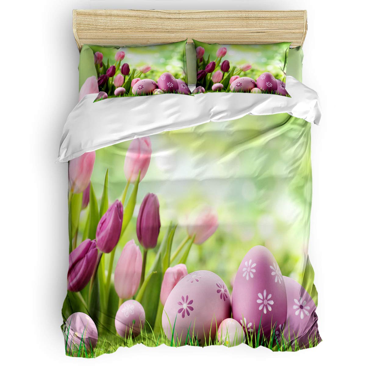 USOPHIA King Size 4-Piece Bed Sheet Set - 3D Floral Print Duvet Cover with Purple Eggs & Tulips Design | Perfect for Easter, Spring Decor & Master Bedroom