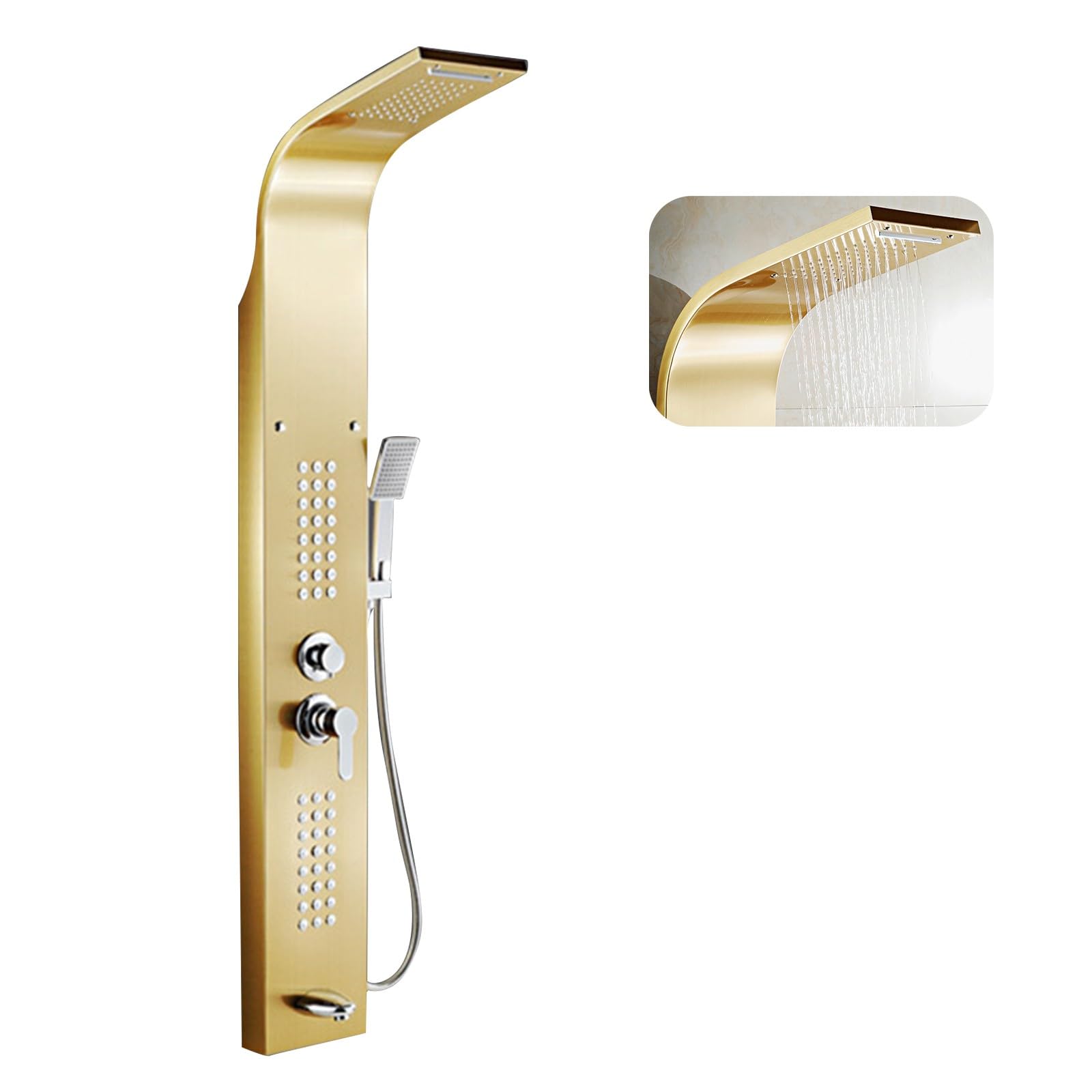5-in-1 Shower Tower Panel System with Rainfall, Waterfall, Massage Jets, Tub Spout & Hand Shower - 110° Arc Multi-Function Bathroom Upgrade (Gold) | Perfect for Luxury Spa Experience & Modern Bathroom Renovation
