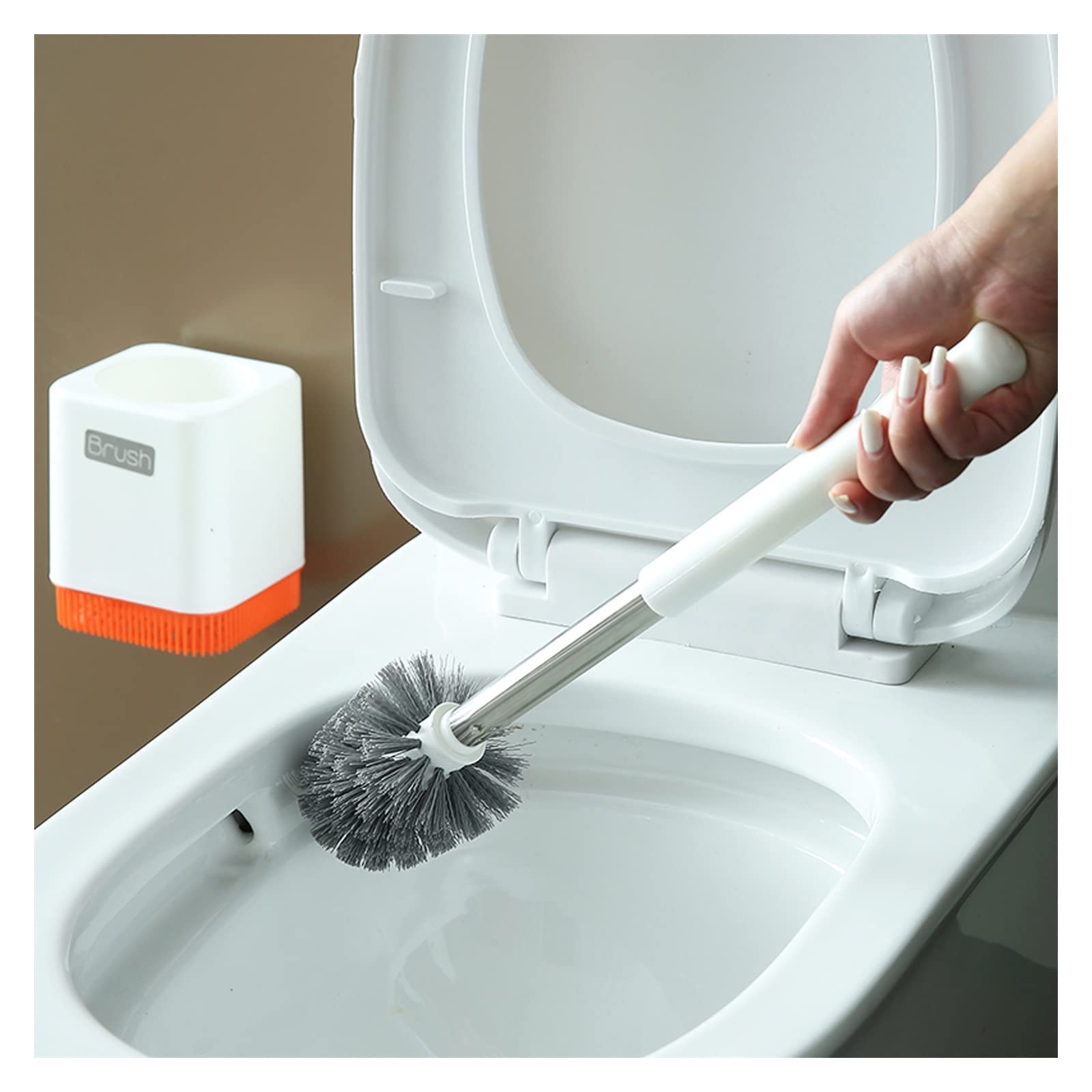 TOMYEUS Wall Mounted Toilet Brush Set - No Dead Angle Cleaning, Soft Plastic Bristles with Base, Deep Cleaning Bathroom Brush (Orange) - Perfect for Home, RV & Small Space Bathrooms