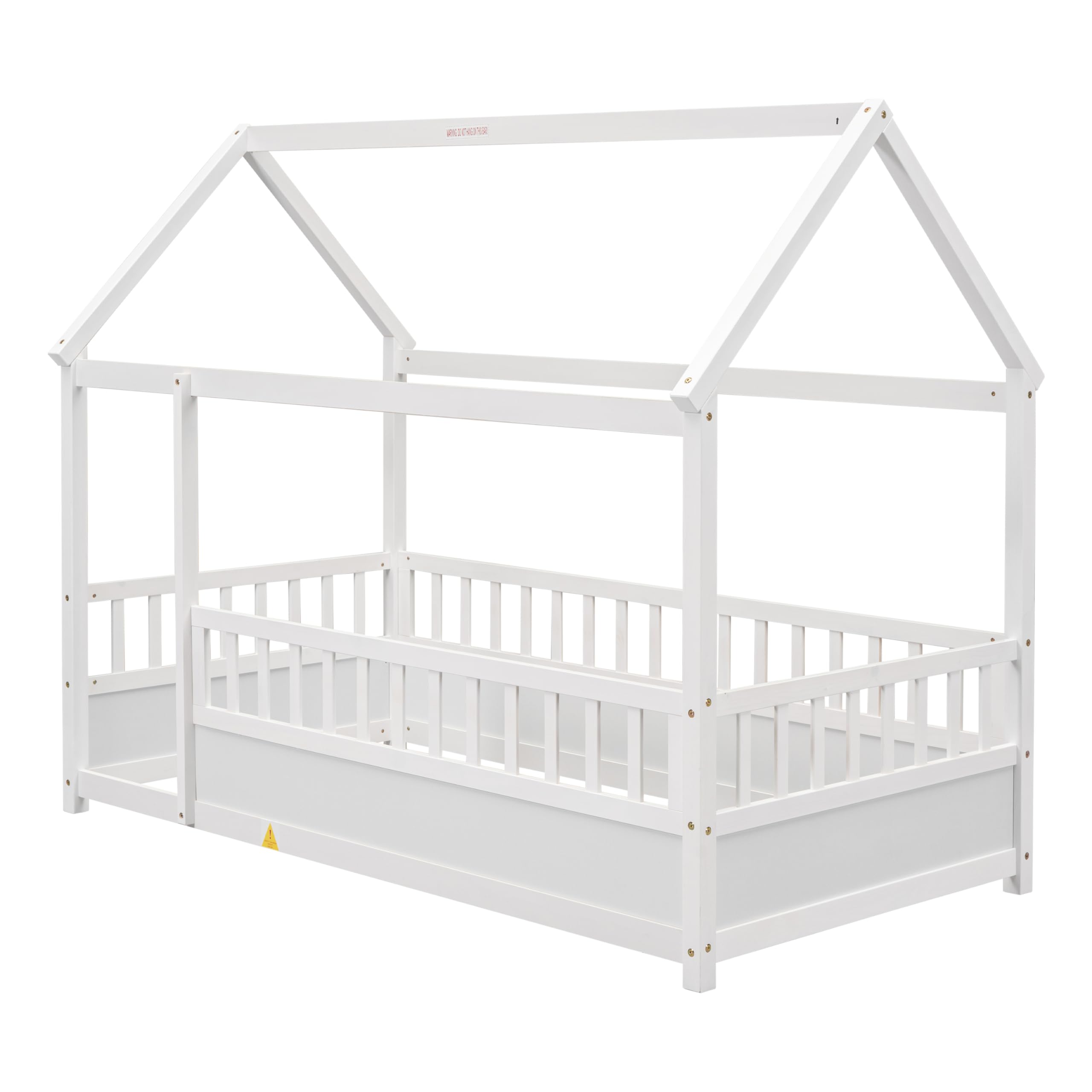 Montessori Twin Size Floor Bed for Kids - Sturdy Wooden House Bed with High Safety Fence for Boys & Girls - No Slats Design - White Twin Bed - Perfect for Montessori Bedrooms, Playrooms & Safe Toddler Sleeping Spaces