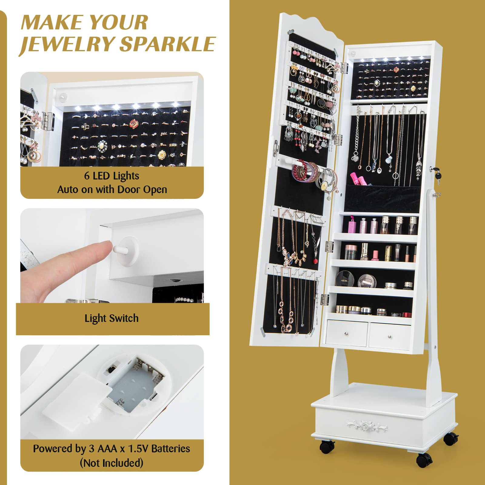 CHARMAID Rolling Jewelry Armoire with Full-Length Mirror - Lockable Standing Jewelry Cabinet with LED Lights & Wheels - 10-Drawer Jewelry Organizer with Storage - White - Perfect for Bedroom, Closet & Dressing Room Organization