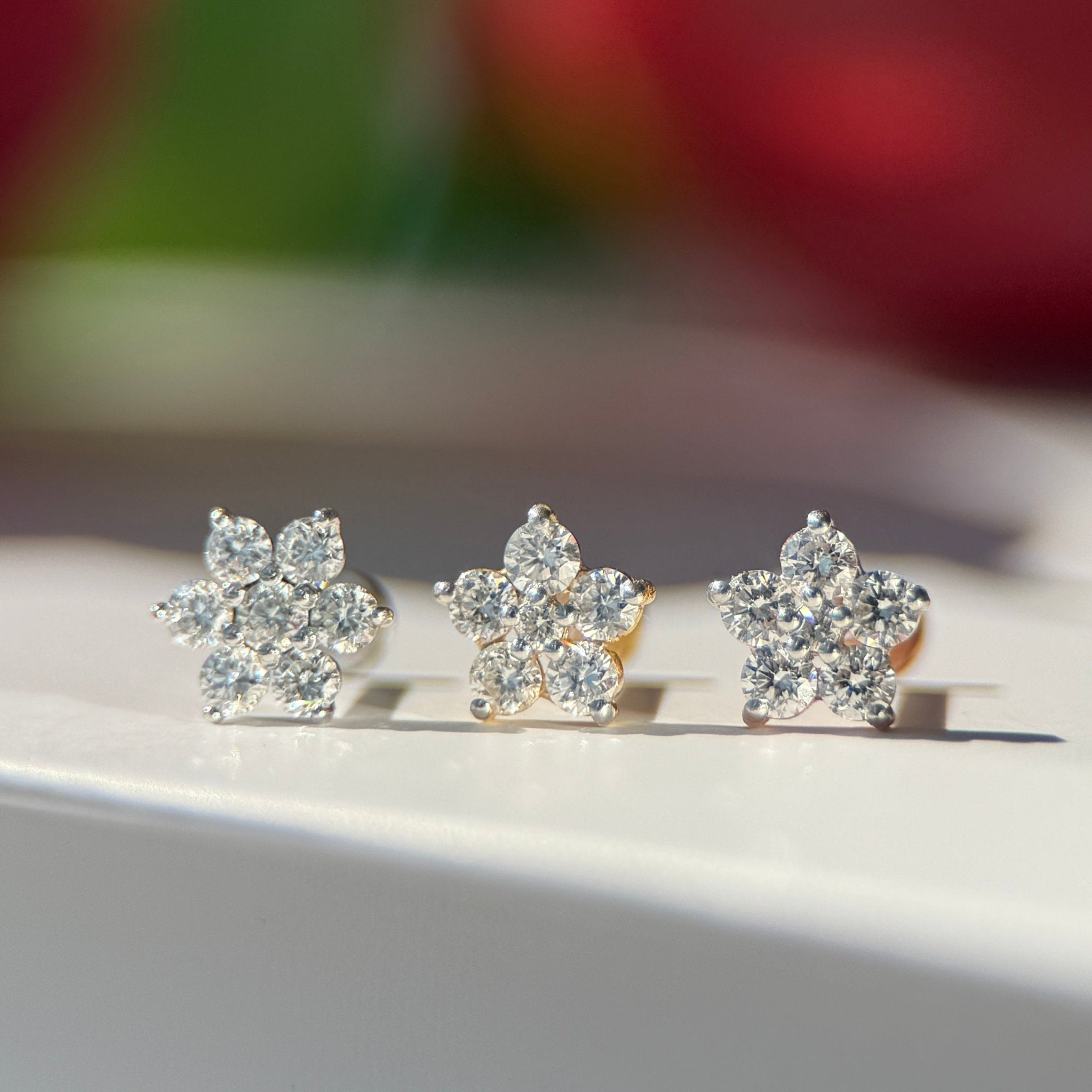 14k Yellow Gold Seven Diamond Flower Flat Back Stud Earrings - Elegant Floral Jewelry for Women, Perfect for Weddings, Parties & Everyday Wear