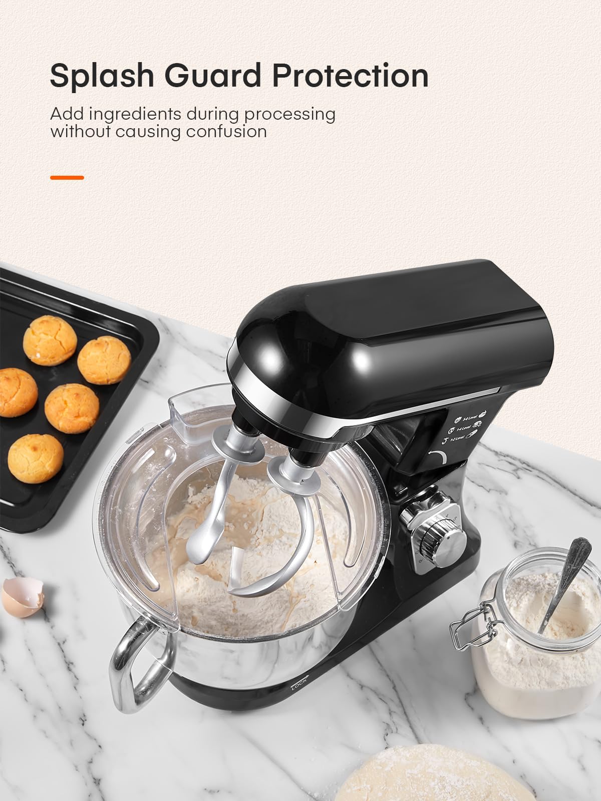 Fohere 6+ Speed Stand Mixer with Tilt-Head - Includes Double Dough Hook, Wire Whip & Beater - 4.5QT Stainless Steel Bowl with Handle & Pouring Shield - Perfect for Baking Bread, Cakes & Cookies - Dishwasher Safe (Black) - Ideal for Home Bakers & Kitchen Enthusiasts