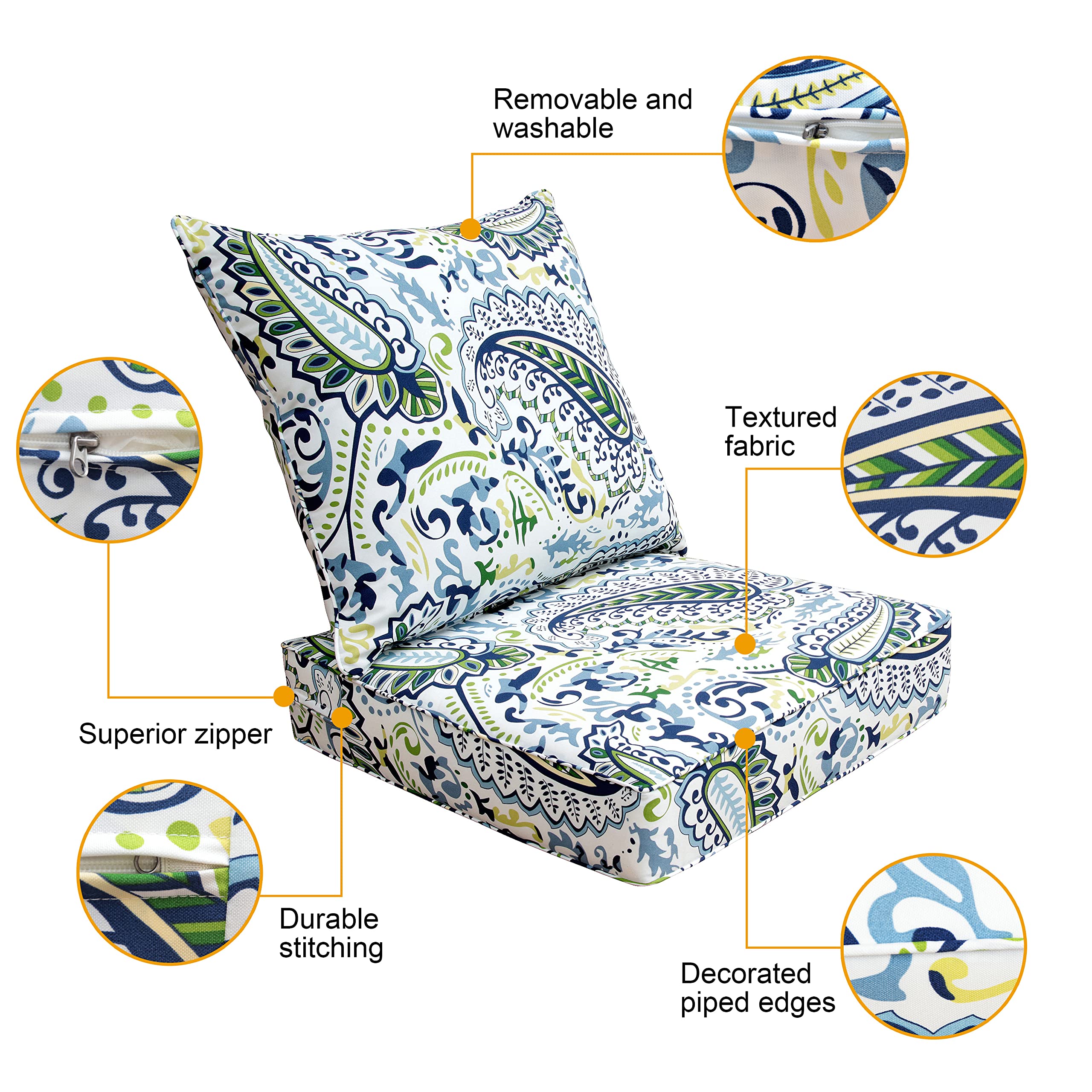 BOSSIMA Indoor Outdoor Deep Seat Chair Cushion Set - Green Blue Paisley Pattern, Spring Summer Replacement Cushions for Patio, Deck, Porch & Garden Furniture (2-Piece Set) | Water-Resistant & Comfortable Outdoor Seat Cushions
