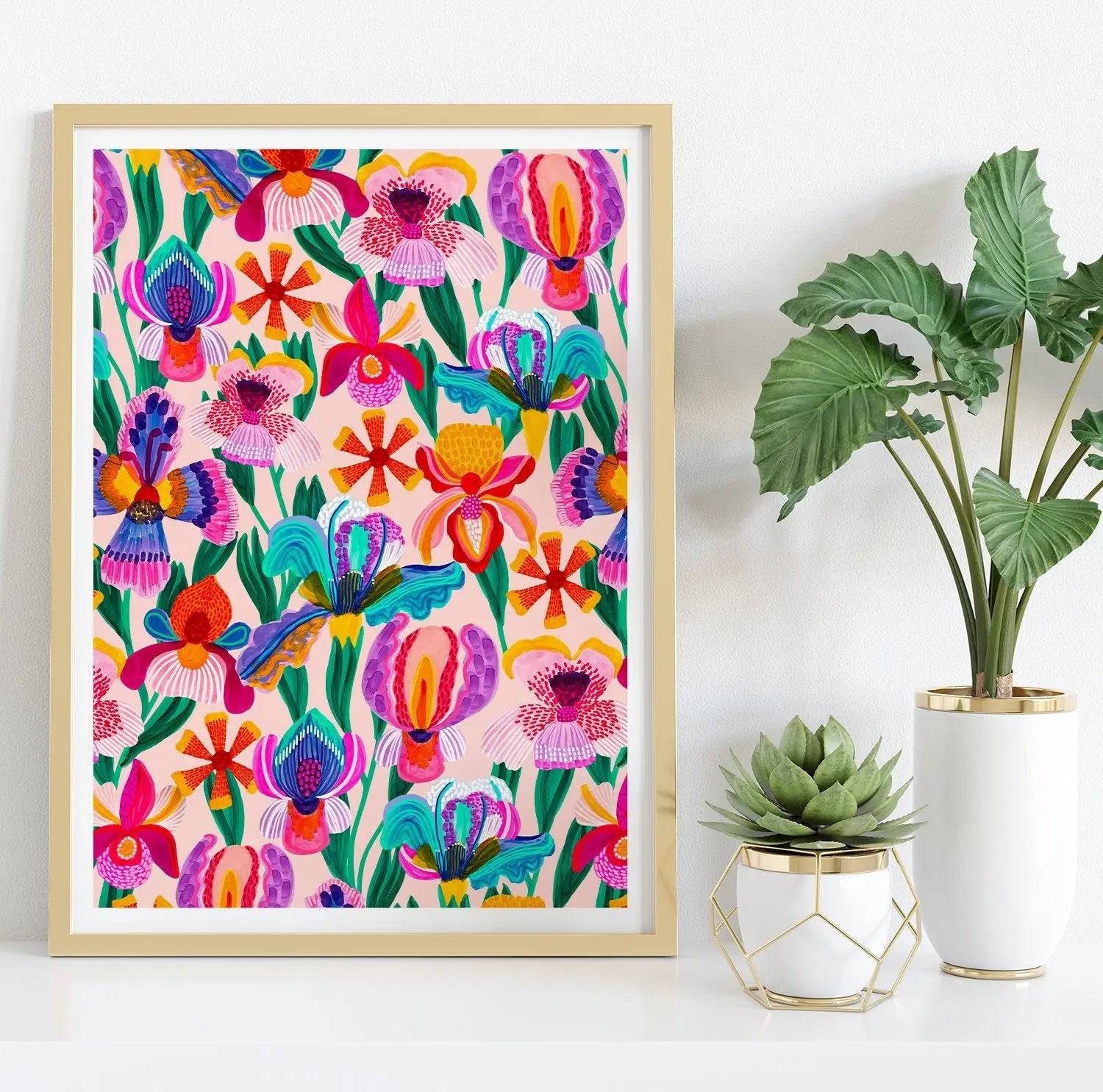 Beautiful Irises & Orchids Wall Art Print - Floral Canvas Painting for Home & Office Decor - Perfect for Living Room, Bedroom, or Gift
